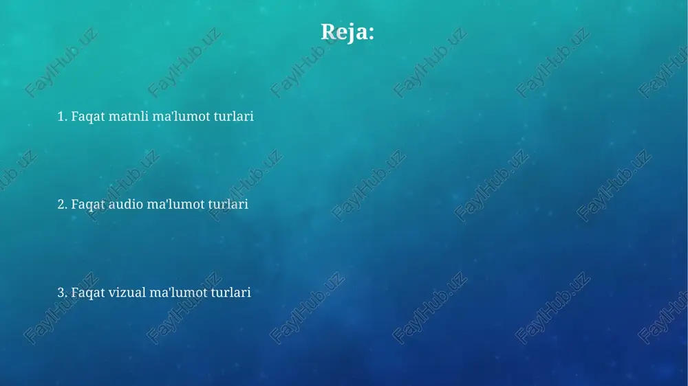 laydi, bu esa kompleks shartlarni tekshirishda 2 ta qiymatni oladi. sana va vaqt ma'lumot turlari sana va vaqt ma'lumot turlari tarixiy voqealarni, uchrashuvlarni, tug'ilgan kunlarni saqlash uchun ishlatiladi, masalan, '2023-10-27' sana formatidagi ma'lumotlarni o'z ichiga oladi. vaqt ma'lumot turlari soat, minut, sekund va millisekundlarni ko'rsatish uchun qo'llaniladi, '14:30:00' kabi vaqt qiymatlarini saqlaydi, 24 soatlik formatdan foydalanish mumkin. massiv ma'lumot turlari massivlar statik ma'lumotlar tuzilmalari bo'lib, ular bir xil ma'lumot turidagi elementlarni ketma-ket xotirada saqlaydi. ularning hajmi deklaratsiya vaqtida belgilanadi, masalan, 10 ta butun sonli qiymat. 2 o'lchovli massivlar (matritsalar) satrlar va ustunlardan tashkil topgan. misol uchun, int matrix[3][4] 3 ta satr va 4 ta ustundan iborat butun sonli matritsani yaratadi. ob'ekt ma'lumot turlari ob'ekt ma'lumot turlari sinflar yordamida yaratiladi, bunda har bir ob'ekt ma'lumot va xatti-harakatlarni o'zida mujassam etgan, masalan, 10 ta talabaning har biri o'ziga xos xususiyatlarga ega. ob'ekt turlarida merosxo'rlik mavjud bo'lib, yangi sinflar mavjud sinflardan xususiyatlarni olishi …