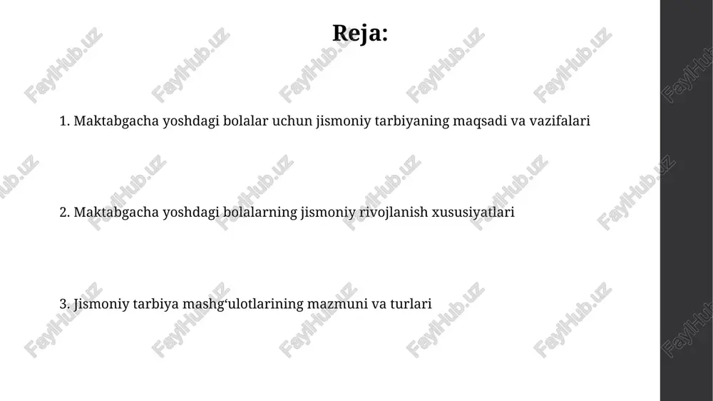 rta chuqur tozalanishi sanitariya normalariga kiritilgan. jismoniy mashqlar turlari va ularning tasnifi asosiy jismoniy mashqlar (yurish, yugurish, sakrash, irg'ish) 3-4 yoshli bolalarda harakat koordinatsiyasini rivojlantiradi va maktabgacha ta'lim dasturining muhim qismi hisoblanadi. umumiy rivojlantiruvchi mashqlar 5-6 yoshli bolalarda mushaklar kuchini oshiradi, moslashuvchanlikni yaxshilaydi va jismoniy tayyorgarlikning 12 asosiy harakatini o'z ichiga oladi. asosiy harakatlar: yurish, yugurish, sakrash, uloqtirish, tirmashish yurish mashqlari 3-4 yoshli bolalarda muvozanatni rivojlantirishga qaratilgan bo'lib, 10 metrgacha bo'lgan masofalarda turli yo'nalishlarda bajariladi. sakrash mashqlari 4-5 yoshli bolalarda oyoq mushaklarini mustahkamlaydi va koordinatsiyani yaxshilaydi, joyida va oldinga 20-30 sm ga sakrash kabi turlari mavjud. rivojlantiruvchi mashqlar rivojlantiruvchi mashqlarga 3-4 yoshli bolalar uchun oddiy harakatlar kiradi, masalan, qoʻllarni aylantirish, oyoqlarni koʻtarish va boshni burish, bu esa mushaklarni mustahkamlaydi. 4-5 yoshdagi bolalar uchun murakkabroq mashqlar, jumladan, sakrashlar, oʻtirib-turishlar va muvozanatni saqlashga qaratilgan mashqlar tavsiya etiladi, ular koordinatsiyani rivojlantiradi. harakatli o'yinlar harakatli o'yinlar 3-5 yoshdagi bolalarning jismoniy rivojlanishiga yordam beradi, ularda …