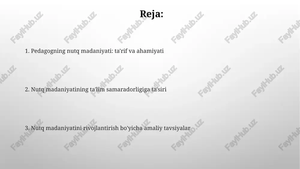 i, so'z boyligi yetarli bo'lishi, o'rinli iboralardan foydalanishi, 2000-3000 so'zdan kam bo'lmasligi lozim. nutq madaniyatining ta'lim samaradorligiga ta'siri nutq madaniyati o'quvchilarning fikrlash qobiliyatini 30% ga oshiradi, ayniqsa mantiqiy va tanqidiy fikrlashni rivojlantirish orqali bilim olish samaradorligini optimallashtiradi. pedagogning nutq madaniyati dars jarayonida 65% gacha tushunarlilikni ta'minlaydi, bu esa o'quv materialini to'g'ri qabul qilish va o'zlashtirishga yordam beradi. o'quv jarayonida nutq madaniyatidan foydalanish usullari talabalarning nutqini o'stirish uchun "munozara klublari" samarali bo'lib, ularda 3-4 talabalik guruhlar mavzuni tahlil qilib, 5 daqiqa davomida himoya qilishadi. "rollarda o'ynash" usuli, 2 tomonlama aloqani kuchaytiradi. bunda 10 daqiqalik sahnalar orqali, talabalar 70% dan ko'proq materialni o'zlashtirish imkoniyatiga ega. nutq madaniyatini rivojlantirish strategiyalari o'quvchilar nutqini rivojlantirish uchun 'munozara klublari' tashkil etish, bu yerda ular 2-3 daqiqalik tayyorlangan nutqlar bilan chiqish qilib, o'z fikrlarini erkin ifodalashni o'rganadilar. nutq madaniyatini oshirish uchun, '100 ta yangi so'z' loyihasini amalga oshirish, har hafta 5 ta yangi so'z o'rganish va ularni …