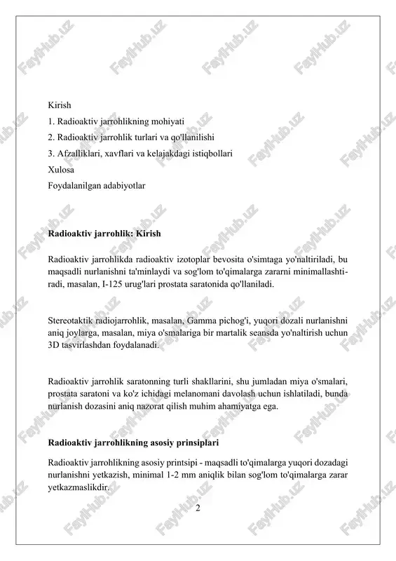 g qo'llaniladigan radioizotopdir. uning qisqa yarim yemirilish davri, 6 soat, bemorning radiatsiya ta'sirini kamaytiradi. radioaktiv jarrohlikda ishlatiladigan usullar brakiterapiyada radioaktiv manbalar (masalan, iod-125 yoki seziy-137) bevosita o'simta ichiga yoki uning yaqiniga joylashtirilib, yuqori dozani nishonga etkazadi. radioimmunoterapiyada antitanachalar radioizotoplar (ittriy-90 yoki iod-131) bilan biriktirilib, saraton hujayralariga bog'lanib, radiatsiya orqali ularni yo'q qiladi. stereotaktik radioxirurgiya (gamma pichog'i) miyada joylashgan o'smalarni yo'q qilish uchun bir nechta radiatsiya nurlarini aniq va invaziv bo'lmagan usulda yo'naltiradi. gamma-pichoq jarrohligi gamma-pichoq jarrohligi bosh miya ichidagi maqsadli sohalarga yuqori dozadagi radiatsiya nurlarini yo'naltirish uchun 192 ta kobalt-60 manbalaridan foydalanadi. ushbu noinvaziv usul ko'pincha metastatik o'smalar, akustik nevronomalar va arteriovenoz malformatsiyalar kabi 3 sm dan kam bo'lgan miya kasalliklarini davolash uchun ishlatiladi. gamma-pichoq jarrohligi an'anaviy jarrohlikdan ko'ra kamroq invazivlik bilan bog'liq bo'lib, qisqaroq tiklanish davriga va asoratlar xavfini kamaytirishga imkon beradi. stereotaktik radiojarrohlik stereotaktik radiojarrohlik, miyani nishonga olishda 0,5-1 mm aniqlikdagi kompyuterlashtirilgan tasvir va uch o'lchovli koordinatalardan foydalanib, …
