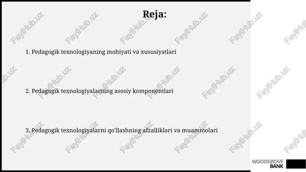 ega. woodgrove bank interfaol o'qitish usullari va texnologiyalari interfaol ta’limda “aqliy hujum” usuli, 5-10 daqiqa davom etib, talabalarning ijodiy fikrlashini faollashtiradi, guruhda 20 dan ortiq g’oyalar generatsiya qilishga imkon beradi. “keys-stadi” texnologiyasi muammoli vaziyatlarni tahlil qilish orqali bilim olishga asoslangan bo’lib, 3-5 talabadan iborat guruhlarda 45-60 daqiqa davomida o’rganiladi. woodgrove bank multimedia vositalaridan foydalanishning afzalliklari multimedia vositalari talabalarning diqqatini jalb qilishda 90% gacha samaraliroq bo'lishi mumkin, chunki ular matn, audio va videoni birlashtirib, tushunishni yaxshilaydi. interaktiv multimedia, masalan, virtual laboratoriyalar, talabalarga nazariy bilimlarini amalda sinab ko'rish imkonini beradi, bu esa 75% gacha bilimlarni mustahkamlashga yordam beradi. woodgrove bank masofaviy ta'lim texnologiyalari masofaviy ta'limda 24/7 rejimida elektron resurslarga kirish imkoniyati mavjud, bu esa o'quvchilarga materiallarni o'z vaqtida mustaqil o'zlashtirishga yordam beradi. interaktiv video konferensiyalar real vaqt rejimida o'qituvchi va talabalar o'rtasida ikki tomonlama aloqani ta'minlaydi, shu orqali 90% gacha savollarga javob topiladi. woodgrove bank pedagogik texnologiyalarni baholash mezonlari pedagogik texnologiyalarni baholashda …