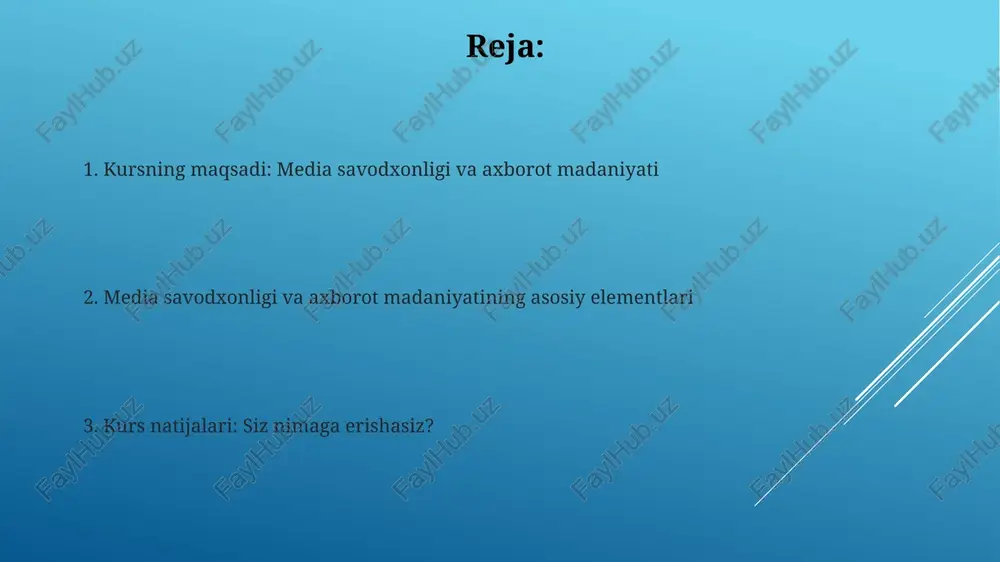 i media matnlarni tahlil qilish, ularning qanday yaratilishi va tarqatilishini tushunish, shuningdek, muallifning maqsadini aniqlash qobiliyatini rivojlantirishga qaratilgan. tanqidiy fikrlashni rivojlantirish tanqidiy fikrlash, bahslarga asoslangan qarorlar qabul qilishda, xulosalarni faktlar va dalillarga tayanib chiqarishda muhim 21-asr ko'nikmasidir. kurs davomida talabalar, axborot manbalarining ishonchliligini baholash, 3 xil manbalar taqqoslash va xatolarni aniqlash bo'yicha amaliy mashg'ulotlar orqali tanqidiy fikrlashni rivojlantiradilar. axborot manbalarini baholash ko'nikmalari axborot manbalarining ishonchliligini baholashda 5w1h usulidan foydalanish muhim, bu esa manba kim, nima, qachon, qayerda, nega va qanday ma'lumot berayotganini aniqlashga yordam beradi. manbaning ob'ektivligini tekshirish uchun bir nechta manbalarni taqqoslash lozim. masalan, kamida 3 ta turli manbalardan olingan faktlarni solishtirish faktlarning mustahkamligini oshiradi. soxta yangiliklar va dezinformatsiyaga qarshi kurash soxta yangiliklar tarqalishini tahlil qilish uchun 70 dan ortiq vositalar mavjud, lekin ularning samaradorligi doimiy baholanishi kerak, chunki yangi texnologiyalar paydo bo'lishi mumkin. fact-checking tashkilotlari 85% hollarda yolg'on xabarlarni aniqlaydi, ammo ularning ta'siri ijtimoiy media algoritmlari bilan cheklangan …