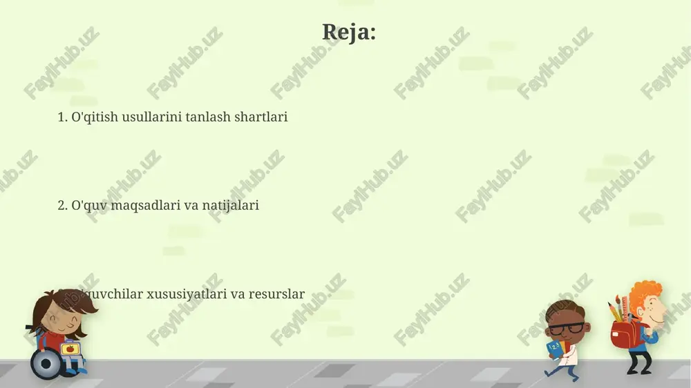 g'u berilishi lozim. bu talabalarni kelajakka tayyorlaydi. vaqt va resurslar cheklovlari dars vaqtining qisqaligi sababli, 45 daqiqa ichida faol usullardan foydalanish murakkab, ko‘proq ma’ruza usuli qo‘llanilishi mumkin. bu 2 ta asosiy omilni hisobga olishni talab etadi. o'quv resurslarining (kitob, jihoz, texnologiya) yetishmasligi 15 ta interfaol o'yin o'rniga, 2-3 ta sodda usulni tanlashga majbur qiladi, bu esa mavzuni qamrab olishga ta'sir etadi. o'qituvchining tajribasi va mahorati o'qituvchining 5 yillikdan ortiq tajribasi pedagogik texnologiyalarni samarali qo'llash, o'quvchilarning individual xususiyatlarini hisobga olgan holda darsni rejalashtirish imkonini beradi. yuqori malakali o'qituvchilar 80% hollarda interfaol metodlardan foydalanadi, bu o'quvchilarning bilim olish jarayonida faol ishtirokini ta'minlaydi va o'zlashtirish darajasini oshiradi. ta'lim muhiti ta'lim muhiti o'quvchilarning 80% dan ortiq intellektual rivojlanishiga ta'sir etadi, shu sababli uning jismoniy, psixologik va ijtimoiy jihatlari e'tiborga olinishi zarur. ta'lim muhitida 3 asosiy omil muhim: resurslar (masalan, 1000 ta kitobli kutubxona), o'qituvchi-o'quvchi munosabatlari va o'quvchilarning o'zaro hamkorligi, bu esa 50% ko'proq motivatsiyani …