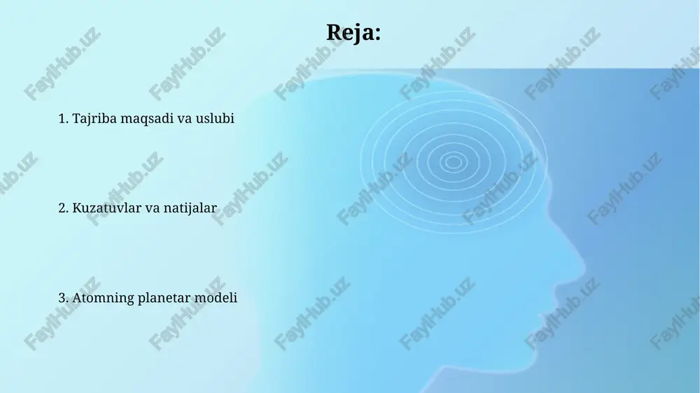 aksariyati to'g'ri chiziq bo'ylab harakatlanishi atomning katta qismi bo'shliqdan iboratligini va musbat zaryadning markazda ekanligini anglatadi. razerfordning atom tuzilishi modeli rezerford tajribasi shuni ko‘rsatdiki, atomning deyarli barcha massasi va musbat zaryadi uning markazida, juda kichik hajmdagi yadroda to‘plangan, diametri taxminan 10^-15 metrdan iborat. alfa zarralari oltin folga orqali o'tganda, ularning ba'zilari katta burchaklarga, ba'zilari esa 180 gradusga burilgani atomning markazida zich musbat zaryad borligini ko'rsatdi. planetar modelning afzalliklari planetar model elektronlarning yadro atrofida aylanishini tasavvur qilish imkonini berdi, bu atomning barqarorligini tushuntirishda muhim qadam bo'ldi, garchi klassik fizika bo'yicha buni izohlab bo'lmasa ham. rutherford modeli atomning markazida musbat zaryadlangan yadro mavjudligini aniq ko'rsatdi, bu massa va zaryadning konsentratsiyasi bo'lib, keyingi atom tuzilishi haqidagi tushunchalar uchun asos bo'ldi. planetar modelning cheklanganligi va muammolari rutherford modeli elektronlarning harakatini tushuntirmaydi, chunki klassik fizika boʻyicha ular elektromagnit toʻlqinlar chiqarib, tezlashishi va yadrodan 10^-8 soniyada spiral shaklida tushishi kerak edi. atomlarning spektrlari chiziqli boʻlganligi, bu …