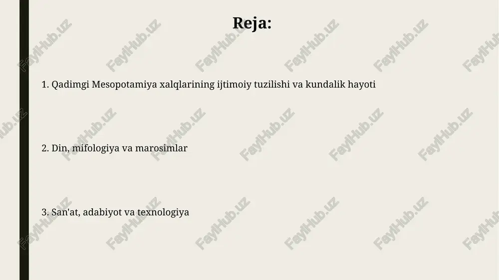 tamoyillarini mustahkamlagan. bobilda osilgan bogʻlar dunyoning yetti moʻjizasidan biri hisoblangan. ular taxminan miloddan avvalgi 600-yilda nebukadnetsar ii tomonidan qurilgan boʻlib, murakkab irrigatsiya tizimiga ega edi. ossuriya: harbiy qudrat va san'at ossuriyaliklar harbiy qudrati temir qurollardan keng foydalanishga asoslangan edi, bu ularga bronza qurolli qo'shnilardan ustunlikni ta'minladi va imperiyani kengaytirishga yordam berdi. ossuriya san'ati jang sahnalari, hayvonlar ovlari va diniy marosimlarni tasvirlash orqali qirollik hokimiyatini namoyish etishga qaratilgan relyefli haykallarga urg'u bergan. din va mifologiya: xudolar, ibodatlar va e'tiqodlar mesopotamiya xudolari antropomorfik edi, ular insoniy xususiyatlarga ega bo'lib, urush xudosi nergal kabi o'ziga xos vazifalarni bajargan, 3000 ga yaqin xudolar mavjud edi. zikkuratlar, ko'p bosqichli piramidalar, xudolarga bag'ishlangan asosiy ibodat joylari bo'lgan. ular taxminan miloddan avvalgi 3200-yildan boshlab qurilgan va muhim diniy marosimlar o'tkazilgan. ijtimoiy tuzilma: sinf, oila va qullik mesopotamiyada sinfiy tuzilma aniq edi: ruhoniylar va zodagonlar yuqori o'rinda, dehqonlar va hunarmandlar quyi o'rinda turar, farqlar mulk va huquqlarda namoyon …