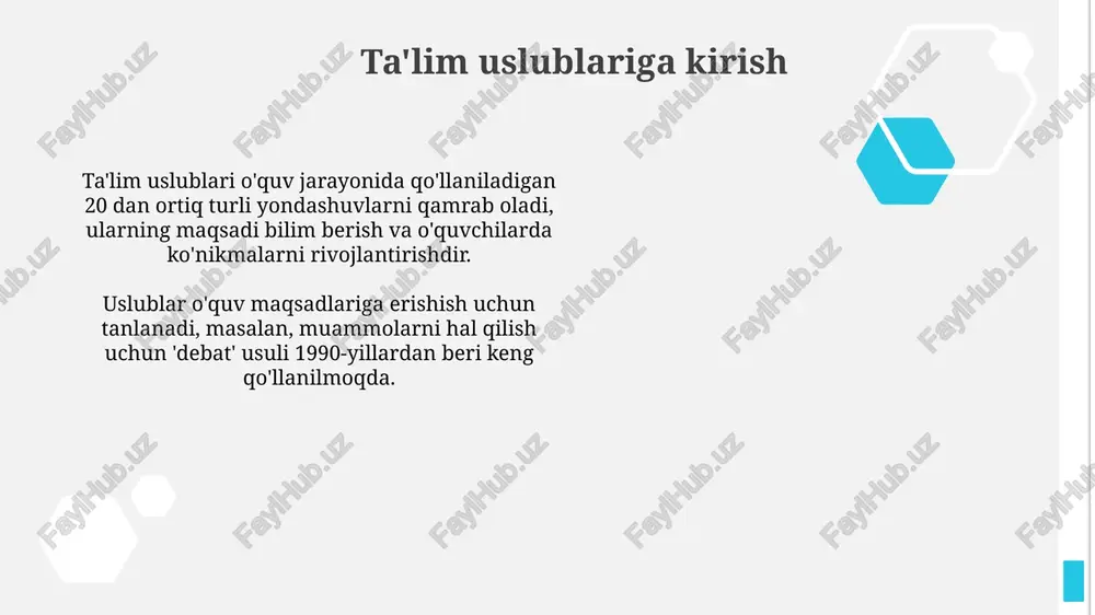 ga, qiziqishga va 5 ta o'quv uslublariga mos kelishi, motivatsiyani oshirishi lozim. ta'lim uslublarining samaradorligini baholash ta'lim uslublarining samaradorligini baholashda, o'quvchilarning 75% dan ortig'i muvaffaqiyatga erishganligi, dars materiallarini tushunganligi mezon hisoblanadi. baholashda o'quvchilarning o'zlashtirish darajasi 80% dan kam bo'lmasligi, test natijalari va loyiha ishlari orqali aniqlanadi, bu juda muhim ko'rsatkich. xulosa va tavsiyalar o'qitish usullarini takomillashtirish uchun 70/30 qoidasiga amal qiling: 70% amaliy mashg'ulotlar va 30% nazariya, bu esa bilimni mustahkamlashga yordam beradi. har bir o'quvchi uchun individual o'qitish rejasini tuzish (masalan, differentiated instruction yondashuvi) ularning qobiliyatlarini 25% ga oshirishi mumkin. e'tiboringiz uchun rahmat image1.png image2.jpg image3.jpg image4.jpg image5.jpg image6.jpg image7.jpg image8.jpg