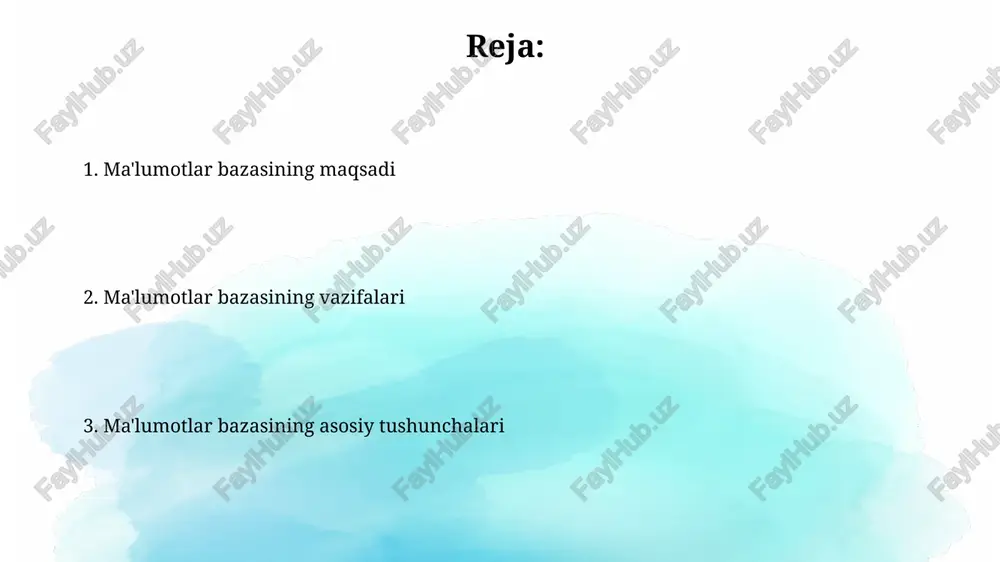 vatlashni ko'zda tutadi. ma'lumotlar bazasining vazifasi ishlab chiqarish yoki xizmat ko'rsatishni boshqarish uchun zarur analitik maʼlumotlarni yigʻish, saqlash va qayta ishlashdan iborat boʻlib, resurslarni 100% ishlatishga erishiladi. ma'lumotlar bazasining asosiy tushunchalari: jadval jadval, maʼlumotlar bazasining fundamental tuzilishi sifatida, ustunlar(maydonlar) va satrlar(yozuvlar) orqali tashkil etiladi. har bir jadvalnomi unikal boʻlishi shart, ma'lumotlarga aniq murojaatni ta'minlash vazifasini ado etadi. jadvaldagi ustunlar maʼlumotlar turini belgilaydi, masalan, sonlar, matnlar va sanalar. har bir ustun oʻz nomiga ega, undagi barcha qiymatlar shu turga mos kelishi lozim. ustun uzunligini aniq belgilash shart emas. ma'lumotlar bazasining asosiy tushunchalari: yozuv yozuv - bu ma'lumotlar bazasidagi mantiqiy bog'langan maydonlar to'plami bo'lib, bir xil turdagi ob'ektning xususiyatlarini aks ettiradi. har bir yozuv unikal identifikatorga ega bo'lishi shart (masalan, 1001 tartib raqami). relyatsion ma'lumotlar bazasida yozuv kortej deb ham ataladi. u jadval satrini ifodalaydi va o'zaro bog'langan maydonlarning bir qismi hisoblanadi. maydonlar yozuvning tarkibiy elementlari sanaladi. ma'lumotlar bazasining asosiy tushunchalari: maydon …