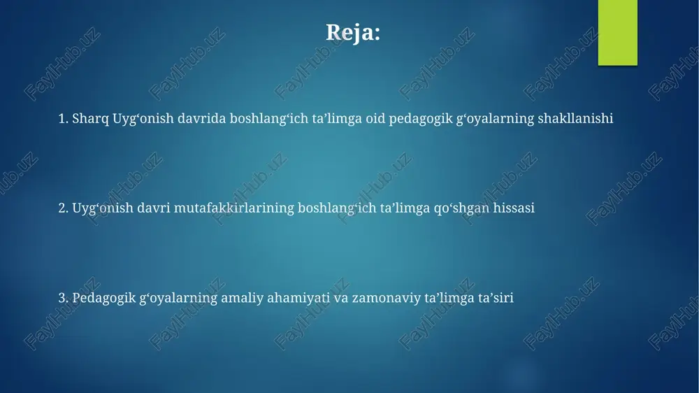ta'lim usullari va vositalari o'qitish usullari, ayniqsa, she'riyatni yodlashda 10-12 yoshgacha bo'lgan bolalarga qattiq talablar qo'yilgan bo'lib, matnlarni to'liq o'zlashtirishga e'tibor qaratilgan. ta'lim vositalari, masalan, yog'och lavhalar (lavh) va qamish qalamlar (qalam) asosiy bo'lib, o'quvchilar 7-9 yoshdan boshlab yozuv mashqlarini bajarishgan hamda ularning mahoratini oshirishgan. meroniy davridagi ta'lim muassasalari va o'qituvchilar temuriylar davrida maktablar va madrasalar keng tarqalgan boʻlib, ularda 7 yoshdan boshlab oʻgʻil bolalar oʻqitilgan, qurʼon, hadis, til va adabiyot asosiy fanlar edi. oʻqituvchilar (muallimlar) jamiyatda hurmatga sazovor boʻlgan, ularning vazifasi ilm oʻrgatish, axloqiy tarbiya berish va talabalarni kasbga yoʻnaltirishdan iborat boʻlgan. pedagogik g'oyalarning merosi va zamonaviy ahamiyati pedagogik merosning zamonaviy ahamiyati o'quv jarayonida 21-asr ko'nikmalarini (tanqidiy fikrlash, ijodkorlik) rivojlantirishga qaratilgan yangi metodlarni ishlab chiqishga turtki bo'ladi. sharq uyg'onish davri mutafakkirlarining ta'lim-tarbiya usullari (masalan, ibn sinoning tibbiy pedagogikasi) bugungi kunda inklyuziv ta'limning 10 tamoyiliga mos keladi. e'tiboringiz uchun rahmat image7.jpg image8.jpg image9.jpg image10.jpg image11.jpg image12.jpg image13.jpg image1.png image2.png image3.png …