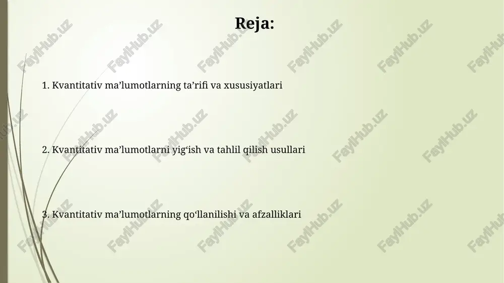 qilish statistik usullar orqali raqamli qiymatlarni o'rganadi. masalan, o'rtacha ko'rsatkichlar, standart chetlanishlar va regressiya modellari natijalarni aniqlashda muhim rol o'ynaydi. tahlil jarayonida gipotezalarni tekshirish muhim. nol gipotezani rad etish uchun p-qiymat 0.05 dan kam bo'lishi kerak. bu xulosalar statistika jihatidan ahamiyatli ekanligini ko'rsatadi. kvantitativ ma'lumotlarning afzalliklari va kamchiliklari kvantitativ ma'lumotlar, katta miqdordagi namunalarda (n > 30) statistik tahlil orqali umumiy xulosalar chiqarish imkonini beradi, bu esa xolis va ishonchli natijalarga olib kelishi mumkin. ammo, kvantitativ ma'lumotlar respondentlarning tajribasi yoki sabablarini chuqur o'rganishni cheklaydi, shu bilan birga 1-toifa xatolik ehtimolini oshiradi. xulosa xulosa, tahlil natijalarining yakuniy sintezidir, unda statistik ma'lumotlar 95% ishonch oralig'ida tasdiqlangan gipotezalar asosida taqdim etiladi. umumlashtirish 1000 dan ortiq ma'lumotlar to'plamini baholashni o'z ichiga oladi, asosiy tendensiyalarni aniqlash va miqdoriy dalillar asosida bashorat qilish uchun ishlatiladi. e'tiboringiz uchun rahmat image1.png image2.jpg image3.jpg image4.jpg image5.jpg image6.jpg image7.jpg image8.jpg