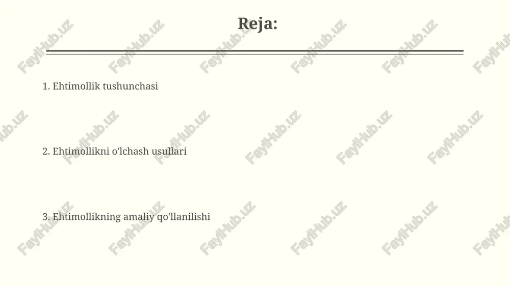 ir bo'lishining nisbiy chastotasini ifodalaydi. masalan, 100 marta tanga tashlashda gerb 55 marta tushsa, empirik ehtimollik 0.55 ga teng. empirik ehtimollik, kuzatuvlar soni ortishi bilan haqiqiy ehtimollikka yaqinlashadi. bu katta sonlar qonuni bilan bog'liq bo'lib, tajriba natijalari taxminiy qiymatni beradi. sub'ektiv ehtimollik sub'ektiv ehtimollik, shaxsiy ishonch darajasini 0 dan 1 gacha bo'lgan qiymat bilan ifodalaydi, bu yerda 1 to'liq ishonchni anglatadi. u dalillarga asoslangan ob'ektiv baholashdan farq qiladi. 1954-yilda leonard j. savage sub'ektiv ehtimollik nazariyasini shakllantirdi, bu esa qaror qabul qilishda shaxsiy ishonchlarning muhimligini ta'kidlaydi, ayniqsa, noaniqlik sharoitida. hodisa hodisa – bu tajriba yoki kuzatish natijasida yuzaga keladigan natija yoki natijalar to'plami bo'lib, u ehtimollik nazariyasida muhim rol o'ynaydi, xususan 0 va 1 oralig'ida. ehtimollik hodisaning yuz berish imkoniyatini baholaydi. agar hodisa imkonsiz bo'lsa, uning ehtimolligi 0 ga teng; agar hodisa aniq bo'lsa, uning ehtimolligi 1 ga teng. hodisalarning turlari hodisalarning turlari orasida, **elementar hodisalar** mavjud bo'lib, ular tajriba natijasida …
