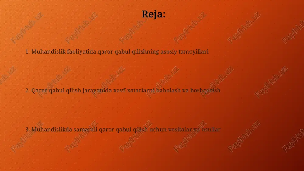 arur, buning uchun monte karlo simulyatsiyasi kabi usullar qo'llaniladi, bu 1000+ turli natijalarni ko'rib chiqadi. xatarlarni baholash va boshqarish xatarlarni baholashda 1-bosqich - xatarning ehtimolini (0.1 dan 1 gacha) va ta'sirini (1 dan 1000$ gacha) aniqlash, ularni ko'paytirib, risk ustuvorlik raqamini (rup) hisoblash. xatarlarni boshqarish 3 ta asosiy strategiyani o'z ichiga oladi: xatarni qabul qilish, uning ehtimolligini kamaytirish (masalan, redundancy orqali), yoki ta'sirini (sug'urta orqali) cheklash, moliyaviy zararni minimallashtirish. qaror qabul qilish strategiyalari evristik strategiyalar, masalan, 80/20 qoidasi, tez qaror qabul qilish imkonini beradi, lekin optimal natijalarga olib kelmasligi mumkin. muhandislar vaqt cheklanganida ulardan foydalanishadi. multi-kriteriyali qaror qabul qilish (mcdm) usullari, ahp kabi, bir nechta, ba'zan bir-biriga zid bo'lgan mezonlarni o'lchash va baholashda yordam beradi. qaror qabul qilish usullari va vositalari muhandislikda qaror qabul qilishda swot tahlili, jamoaning kuchli va zaif tomonlarini, imkoniyatlarini va xatarlarini baholab, strategik yo'nalishlarni aniqlashga yordam beradi. monte-karlo simulyatsiyasi, murakkab tizimlarda noaniqlikni modellashtiradi, 1000+ iteratsiyalar orqali …