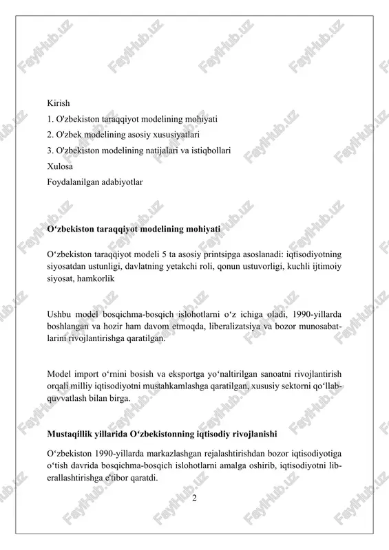 yalashtirish hamda pensiya taʼminotini yaxshilashga qaratilgan. bosqichma-bosqich islohotlar konsepsiyasi qabul qilingan, radikal oʻzgarishlardan voz kechish va har bir qadamning natijalarini tahlil qilish orqali iqtisodiy barqarorlikni taʼminlash vazifasi belgilangan. iqtisodiyotda davlatning roli o'zbekistonda davlat iqtisodiyotni tartibga solishda muhim rol o'ynaydi, ayniqsa, strategik ahamiyatga ega bo'lgan sohalarda va infratuzilma loyihalarida investitsiyalarni ta'minlashda faol ishtirok etadi. davlatning iqtisodiy rolining muhim jihati - bu kichik va o'rta biznesni qo'llab-quvvatlash, imtiyozli kreditlar berish va soliq imtiyozlarini taqdim etish orqali tadbirkorlikni rivojlantirishga qaratilgan siyosatni amalga oshirishdir. o'zbekiston iqtisodiyotida davlat investitsiya dasturlari orqali infratuzilmani modernizatsiya qilish, energetika xavfsizligini ta'minlash va yangi ish o'rinlarini yaratish kabi ustuvor vazifalarni amalga oshiradi. xususiy mulk va tadbirkorlikni rivojlantirish 1990-yillarning o'rtalaridan boshlab, xususiylashtirishning birinchi to'lqini, asosan, kichik korxonalarni qamrab olgan bo'lib, iqtisodiyotda xususiy sektor ulushini oshirishga qaratilgan edi. 2016-yildan so'ng tadbirkorlikni rivojlantirish uchun soliq yukini kamaytirish, ruxsat berish tartib-taomillarini soddalashtirish, biznesni davlat nazoratidan ozod qilish bo'yicha keng ko'lamli islohotlar boshlandi. xususiy mulk …