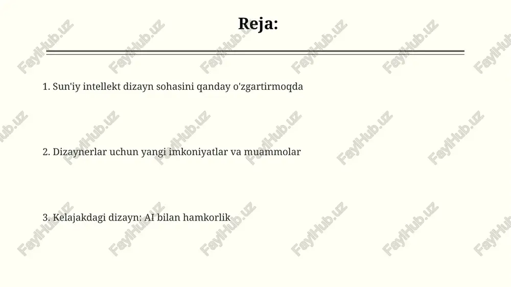 va ma'lumotlarni tahlil qilib, tezroq qaror qabul qilish imkonini beradi. kelajakda dizaynerlar ai bilan hamkorlikda ishlashadi, ularning roli 30% ga o'zgaradi, kreativ strategiya va emotsional intellektga e'tibor qaratish uchun vaqt topishadi. e'tiboringiz uchun rahmat image3.png