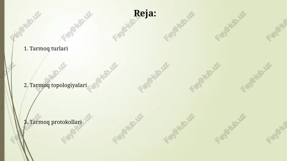 muhim, chunki shaxsiy ma'lumotlar uzatilishi mumkin; wpa2/3 shifrlash kabi xavfsizlik protokollari ko'pincha ma'lumotlarni himoya qilish uchun qo'llaniladi. vpn (virtual shaxsiy tarmoq) vpn shifrlash texnologiyasidan foydalanib, ma'lumotlarni himoya qiladi, bu esa sizning internet-provayderingiz va uchinchi tomonlarga sizning onlayn faoliyatingizni kuzatishni qiyinlashtiradi. vpn sizning ip-manzilingizni maskalash orqali joylashuvingizni yashiradi, bu esa sizga 99.9% holatda geosharhlangan kontentga kirish imkonini beradi va onlayn kuzatuvdan himoyalanishga yordam beradi. tarmoq topologiyalari halqa topologiyasi, har bir kompyuter ikkita qo'shnisiga ulangan 10 dan ortiq qurilmani o'z ichiga oladi, ma'lumotlar bir yo'nalishda aylanib o'tadi, bu esa 30% gacha kechikishga olib kelishi mumkin. yulduz topologiyasi markaziy tugunga (switch yoki hub) bog'langan 12 tagacha qurilmani qamrab oladi, bu topologiya nosozliklarni lokalizatsiya qilishni osonlashtiradi va boshqarishni 25% ga yaxshilaydi. e'tiboringiz uchun rahmat image2.jpg image3.jpg image4.jpg image5.jpg image6.jpg image7.jpg image8.jpg