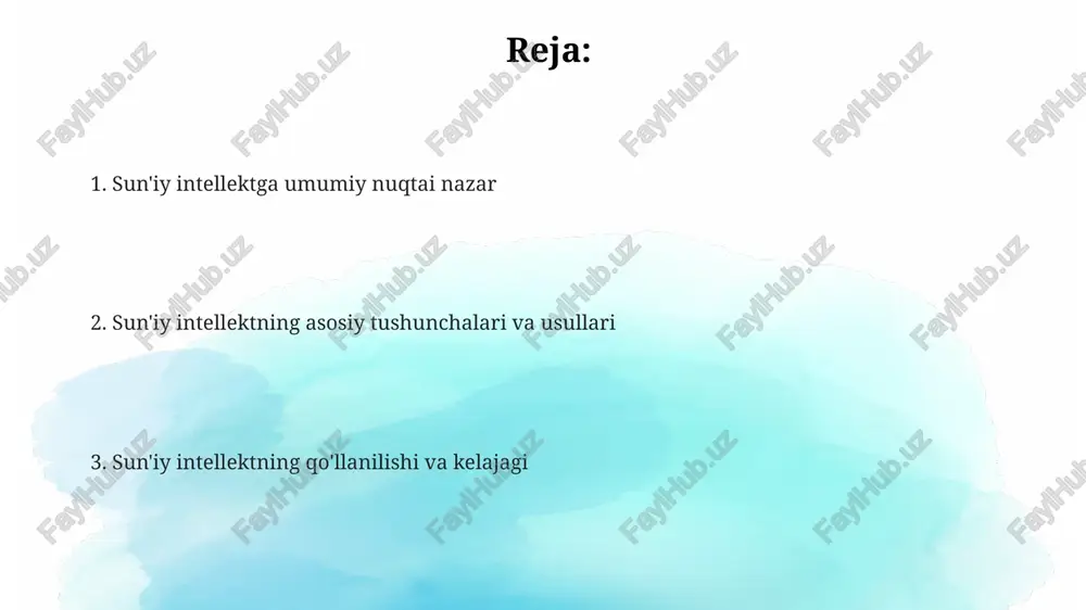 idir. kelajakda sun'iy intellekt 2030-yilgacha tibbiyotda kasalliklarni 90% aniqlikda tashxislash, davolash usullarini ishlab chiqish va bemorlarni parvarish qilishda yordam beradi. sun'iy intellektning rivojlanishi bilan bog'liq muammolardan biri, 75 milliondan ortiq odam 2025-yilga kelib avtomatlashtirish tufayli ish o'rinlaridan ayrilishi mumkin. e'tiboringiz uchun rahmat image2.png image1.png