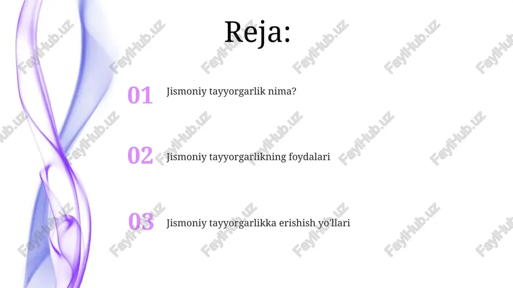 , uglevod, yog') va mikroelementlar (vitaminlar, minerallar)ning muvozanatini ta'minlaydi. jismoniy faollik bo'yicha tavsiyalar har hafta kamida 150 daqiqa o'rtacha intensivlikdagi aerobik mashqlar, masalan, tez yurish yoki 75 daqiqa yuqori intensivlikdagi mashqlar, masalan, yugurish qiling. bu yurak-qon tomir salomatligi uchun muhim. mushaklar kuchini oshirish uchun haftasiga kamida ikki marta asosiy mushak guruhlariga qaratilgan mashqlar, masalan, vazn ko'tarish yoki tana vazni bilan mashqlar bajaring. bu suyak zichligini oshirishga yordam beradi. xulosa jismoniy faollikni oshirish, metabolizmni 15-20% ga tezlashtirishi va insulin sezuvchanligini yaxshilash orqali 2-toifa diabet xavfini kamaytirishi mumkin. muntazam mashqlar, yurak urish tezligini 60-85% maksimal darajagacha oshirib, qon aylanishini yaxshilaydi va yurak-qon tomir kasalliklarining ehtimolini kamaytiradi. e'tiboringiz uchun rahmat image5.jpg image6.jpg image7.jpg image8.jpg image9.jpg image10.jpg image11.jpg image1.jpeg image2.jpeg image3.jpeg