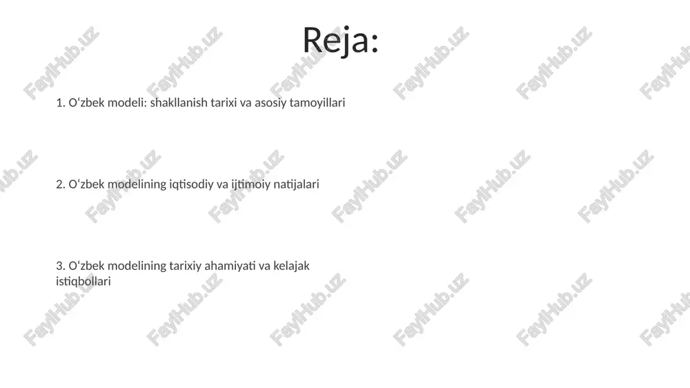 li oshirildi, deputatlar soni 250 taga yetdi, bu qonunchilik faoliyatini kuchaytirdi va siyosiy vakolatni kengaytirdi. ko'ppartiyaviylik tizimining shakllanishi 1990-yillarning oʻrtalarida boshlandi, bu turli siyosiy qarashlarni ifodalash va raqobatni taʼminlashga xizmat qildi. “oʻzbek modeli”ning asosiy ustunlari: davlatning roli va xususiy sektorning rivojlanishi davlatning yetakchi roli, ayniqsa, o'tish davrida, iqtisodiyotni barqarorlashtirish va strategik tarmoqlarni rivojlantirish uchun muhim edi; masalan, 5 yillik rejalashtirish. xususiy sektorning rivojlanishi davlat tomonidan qo'llab-quvvatlandi, lekin asta-sekin amalga oshirildi, bu esa mulkni o'zgartirish va raqobat muhitini yaratishda ehtiyotkorlikni aks ettirdi. qishloq xoʻjaligida islohotlar: dehqonchilikni modernizatsiya qilish qishloq xoʻjaligida zamonaviy texnologiyalarni joriy etish, jumladan, suv tejaydigan sugʻorish tizimlari va mineral oʻgʻitlardan foydalanish 2000-yillarda asosiy yoʻnalishlardan biri boʻlgan. 1990-yillarda yer islohotlari fermer xoʻjaliklarini rivojlantirishga qaratilgan boʻlib, dehqonlarga yerga egalik qilish huquqini berish orqali hosildorlikni oshirishni maqsad qilgan. “oʻzbek modeli”ning yutuqlari va kamchiliklari: tahlil va baholash iqtisodiy o'sishning dastlabki bosqichlarida davlatning faol roli, ayniqsa 1990-yillarda, ishlab chiqarishni barqarorlashtirish va infratuzilmani rivojlantirishda muhim …