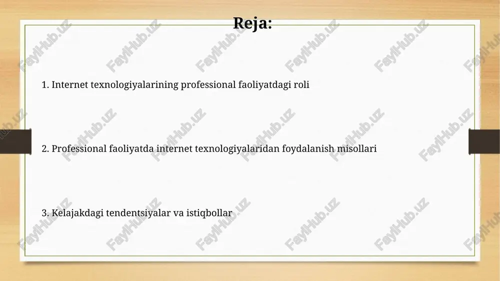 topishga yordam berib, tadqiqot vaqtini optimallashtiradi. onlayn loyiha boshqaruv tizimlari (masalan, asana) vazifalarni taqsimlash, muddatlarni belgilash va jarayonlarni 85% gacha samaraliroq muvofiqlashtirishga imkon beradi. onlayn ta'lim va kasbiy rivojlanish onlayn ta'lim 24/7 imkoniyatini berib, professional xodimlar uchun o'z vaqtini tejashga yordam beradi, masalan, coursera va udemy platformalari orqali. mooc (massive open online courses) kabi onlayn kurslar professional rivojlanishda muhim rol o'ynaydi, yangi ko'nikmalarni o'rganishga imkon yaratadi. marketing va sotuv raqamli marketingda seo (search engine optimization) strategiyalari muhim, ular veb-sayt trafikini 30% ga oshirish va qidiruv tizimlarida yuqori o'rinlarni egallashga yordam beradi. smm (social media marketing) orqali mahsulotni targ'ib qilish, auditoriya bilan o'zaro aloqani 50% ga ko'paytirishi va brend sadoqatini oshirishi mumkin. elektron tijorat elektron tijorat 2023-yilda global chakana savdoning taxminan 19,6 foizini tashkil etdi, bu internet orqali tovar va xizmatlar sotishning muhim o'sishini ko'rsatadi. b2b elektron tijoratida kompaniyalar 1000 aqsh dollaridan yuqori o'rtacha buyurtma qiymati bilan biznes yuritadi, bu korporativ …