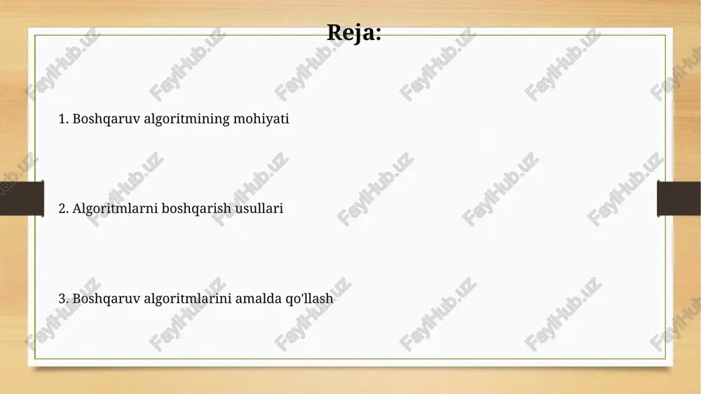 natijalar 75% gacha noto'g'ri bo'lishi mumkin. algoritmning qo'llanilishi algoritmlar moliyaviy sohada portfelni optimallashtirish, risklarni baholash va firibgarlikni aniqlash uchun keng qo'llaniladi, bu erda aniqlik va tezkorlik 99.9% gacha aniqlikni ta'minlaydi. logistikada algoritmlar marshrutni optimallashtirish, inventarizatsiya boshqaruvi va ta'minot zanjirini rejalashtirish uchun ishlatiladi, bu orqali transport xarajatlarini 15-20% ga kamaytirish mumkin. algoritmni ishlab chiqish bosqichlari muammoni aniqlash bosqichi 1-qadam boʻlib, unda algoritm hal qilishi kerak boʻlgan aniq maqsad va cheklovlar, masalan, 1000ta ma'lumotdan optimal natijani topish vazifasi belgilanadi. algoritmni loyihalash bosqichi 2-qadam boʻlib, bunda turli xil yechimlar, masalan, rekursiv funksiyalar yoki dinamik dasturlash usullari koʻrib chiqiladi va ularning samaradorligi baholanadi. muvaffaqiyatli boshqaruv algoritmining misollari toyota production system, “just-in-time” ishlab chiqarishni optimallashtiradi, 7 turdagi chiqindini yo'q qiladi va uzluksiz takomillashtirish (kaizen) orqali samaradorlikni oshiradi. six sigma, 3.4 million imkoniyatdan atigi 3.4 ta nuqsonni maqsad qilgan holda, ma'lumotlarga asoslangan yondashuv orqali jarayonlardagi o'zgaruvchanlikni kamaytiradi. algoritmni baholash mezonlari algoritmning aniqligi muhim mezon boʻlib, u …