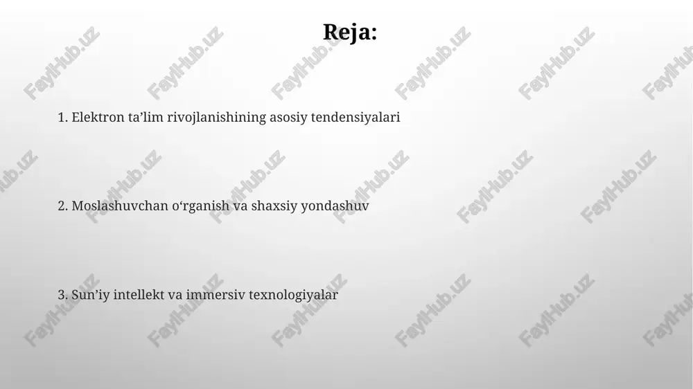 . 5g texnologiyasining rivojlanishi mobil o'qitishda video-konferensiya sifati va ar/vr ilovalari samaradorligini oshirib, 3d modellar bilan interaktiv mashg'ulotlar o'tkazish imkonini beradi. o'yinlashtirish oʻyinlashtirish oʻquv jarayoniga oʻyin elementlarini (masalan, ballar, nishonlar, reytinglar) kiritish orqali oʻquvchilarning motivatsiyasini oshiradi, bu esa oʻrganish samaradorligini 25-30 foizga koʻpaytirishi mumkin. adaptiv oʻyinlashtirish texnologiyalari oʻquvchining qobiliyatiga moslashuvchan oʻyin topshiriqlarini yaratadi, bu esa har bir foydalanuvchi uchun individual va qiziqarli oʻquv tajribasini taʼminlaydi hamda natijalarni 40 foizga yaxshilaydi. virtual va kengaytirilgan reallik virtual reallik (vr) ta'limda 360 gradusli immersiv muhit yaratib, talabalarga xavfsiz sharoitda amaliy tajriba orttirish imkonini beradi, masalan, jarrohlik simulyatsiyasi. kengaytirilgan reallik (ar) ta'lim resurslarini 3d modellar va interaktiv ma'lumotlar orqali boyitadi, bu esa o'quv jarayonini yanada qiziqarli va tushunarli qiladi. masalan, anatomyani o'rganish. kattalashtirilgan ta'lim "kattalashtirilgan ta'lim" o'quv materiallarini 3d modellari va ar texnologiyalari orqali boyitishni o'z ichiga oladi, bu esa o'quvchilarning tushunish darajasini 60% ga oshirishi mumkin. metaverse platformalarida "kattalashtirilgan ta'lim" virtual laboratoriyalar va …