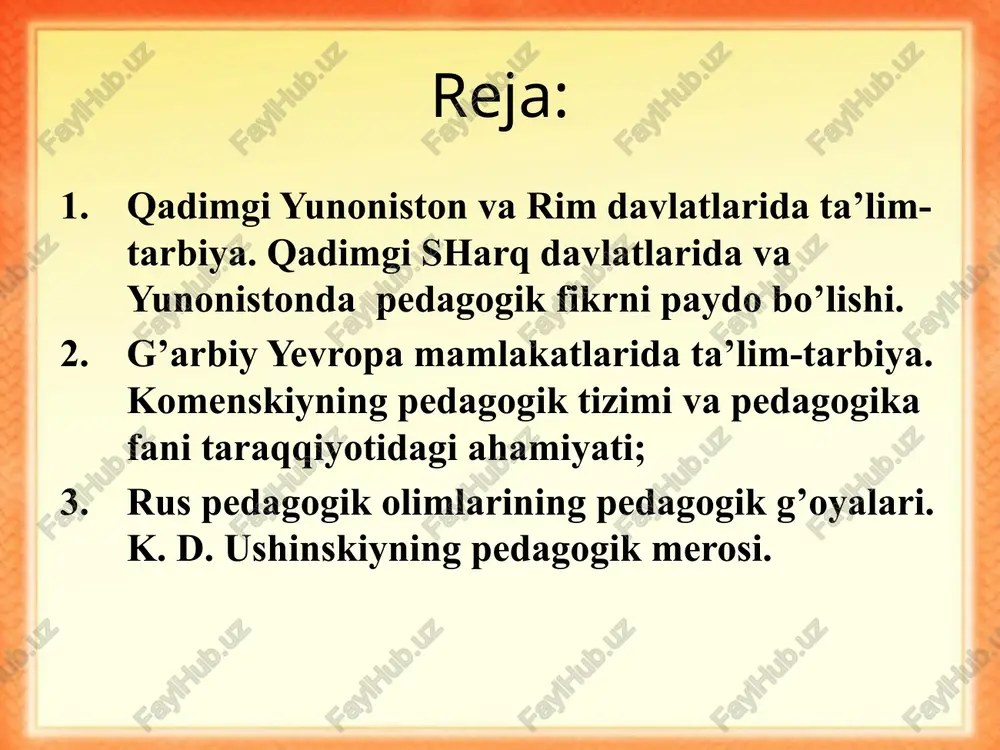 edi. bu muassasalarning rahbarlari davlat tomonidan obro’li, taniqli kishilardan tayin qilinar edi. bunday kishilar «pedonom» deb atalib, butun tarbiyaviy ishga rahbarlik qilardi. ayniqsa, o’smirlar tarbiyasiga alohida e’tibor berilardi. ular jismoniy sog’lom bo’lishi uchun turli mashqlar bilan chiniqtirilar, sovuqqa, ochlikka va chanqoqlikka chidashga, og’riqqa bardosh berishga ham o’rgatib borilar edi. ta’lim jarayonining asosiy qismini harbiy gimnastika mashqlari egallar edi. bu bilan yosh spartaliklarni yugurishdan, sakrashdan, disk va nayza otabilishdan, kurashish va qo’l bilan jang qilish usullaridan saboq berilardi. qadimgi grek tarixchisi, faylasuf olimi plutarx sparta maktablaridagi ta’lim-tarbiya haqida gapirib shunday deydi: «o’qish va yozish — bolalarga faqat ularning eng zaruri o’rgatilar edi, tarbiyaning qolgan qismi esa bitta maqsad: hech so’zsiz itoat qildirishni, chidamli bo’lishni va yengish ilmini o’rgatishni ko’zda tutadi». yoshlarga axloqiy tarbiya berishda davlat rahbarlari maxsus suhbatlar o’tkazib, shu yo’l bilan ularga axloqiy va siyosiy tarbiya berar edilar. sparta ta’lim-tarbiya tizimida bola 18—20 yoshga yetgandan keyin maxsus «efeblar» (efeblar qadimgi …