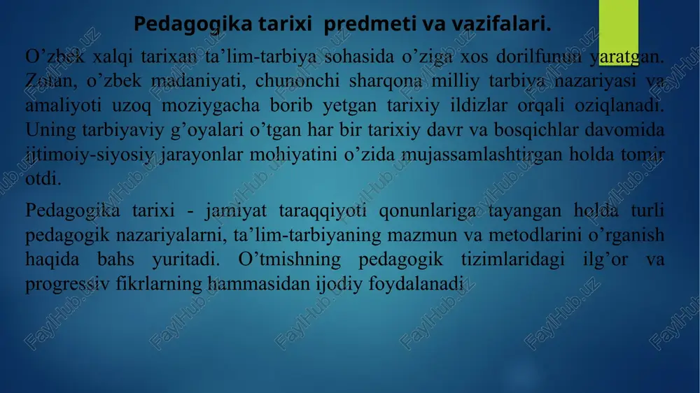 tish. pedagogika tarixini o’rganish manbalari: arxeologik yodgorliklar qo’lyozmalar xalq og’zaki ijodi adabiy yodgorliklar hujjatlar badiiy adabiyotlar memuarlar sharq va g’arb mutafakkirlarining asarlari . demak, pedagogika tarixi ijtimoiy fandir. u tarixiy pedagogik hodisalarga davr talabi asosida yondashadi, tarbiya nazariyasi va amaliyotini turli bosqichlarda xilma-xil bo’lganligini ochib beradi, ilg’or qarashlarning taraqqiyot yo’lini ko’rsatib beradi. pedagogika tarixini o’rganish o’qituvchilarning faqat pedagogik madaniyatini oshiribgina qolmay, balki ularning pedagogik mahoratini egallashiga ham yordam beradi, chunki ushbu fan o’tmishning ta’lim-tarbiya sohasidagi eng yaxshi tajribalarini o’rganadi, umumlashtiradi, ulardan foydalanish imkoniyatlarini ko’rsatadi. pedagogika tarixi fanining ob’ekti- ma’lum bir tarixiy davr hisoblanadi. o’zbekistonda pedagogik tafakkur va ta’lim-tarbiya taraqqiyoti tarixini shartli ravishda, asosan, quyidagi uch davrga bo’lib o’rganish mumkin: 1.oktyabr to’ntarilishigacha bo’lgan davr (1917 yilgacha). 2.sho’ro tuzumi davri (1917 yildan 1991 yilgacha). 3.mustaqillik davri (1991 yildan keyin). 1-davr zardushtiylik dinining chuqur ildiz otishi va shu dinning muqaddas kitobi -«avesto»ning markaziy osiyoga, eronga yoyilishi bilan boshlanadi. vi-vii asrlar markaziy osiyoda islom …