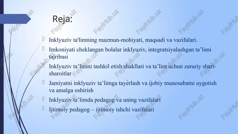 ‘z oilasi, mahallasida o‘sib ulg‘ayishlari ta’minlansa, sog‘lom bolalarning rivojlanishida muammolari bo‘lgan bolalarning imkoniyatlarini ko‘rib, ular ham nuqsonli emas, balki o‘zgacha rivojlanishga ega bulgan bolalar ekanliklarini anglashlari sodir bo‘ladi. shu sababli ham bunday ta’limning g‘oyasi - «inklyuziv maktablardan - inklyuziv jamiyat sari» shiori asosiga qurilgan. inklyuziv ta’lim alohida ta’lim ehtiyojlari va individual imkoniyatlarning xilma-xilligini hisobga olgan holda barcha ta’lim oluvchilar uchun ta’lim tashkilotlarida ta’lim olishga bo‘lgan teng imkoniyatlarni ta’minlashga qaratilgan. jismoniy, aqliy, sensor (sezgi) yoki ruhiy nuqsonlari bo‘lgan bolalar (shaxslar) uchun ta’lim tashkilotlarida inklyuziv ta’lim tashkil etiladi. “o‘zbekstonda inklyuziv ta’lim” loyihasi doirasida inklyuziv ta’lim modelining milliy konsepsiyasi ishlab chiqilgan. ekspertlar va mutaxassislarning fikricha mazkur model zamonaviy va zarur hisoblanadi. bu model o‘zbekison respublikasi xalq ta’limi vazirligi tomonidan muvaffaqiyatli va samarali deb tan olingan. o‘zbekiston respulikasi xalq ta’limi vazirligi bilan birgalikda “ta’lim haqidagi” qonun loyihasining yangi nashriga “inklyuziv ta’lim xaqidagi” alohida modda kiritildi. ijtimoiy tashabbuslarni qo‘llab-quvvatlash fondi, o‘zbekiston respublikasi xalq ta’limi vazirligi, …