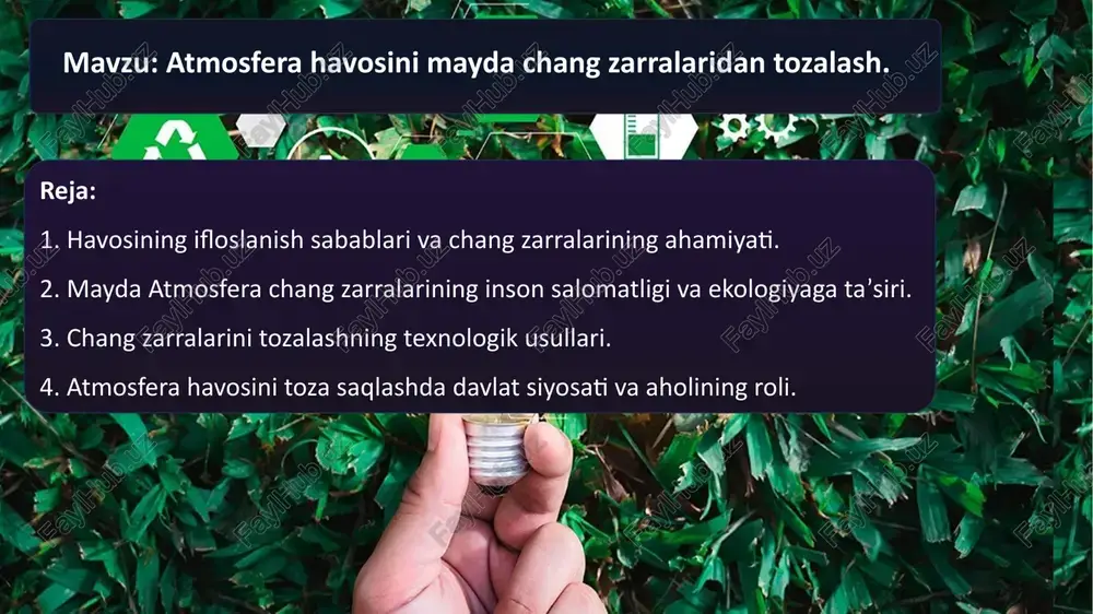ekologik standartlarni joriy etish. ekologik toza transport vositalaridan foydalanishni rag‘batlantirish. sanoat korxonalariga ekologik texnologiyalarni majburiy qo‘llash. aholi tomonidan shahar ko‘kalamzorlashtirish ishlari, daraxt ekish va havoni toza saqlashga hissa qo‘shish. jamoatchilikning ekologik madaniyatini oshirish, chiqindilarni kamaytirish va qayta ishlash. xulosa atmosfera havosi inson hayoti va tabiat uchun eng muhim resurslardan biridir. mayda chang zarralari salomatlik va ekologik muhit uchun katta xavf tug‘diradi. shu bois, sanoat korxonalarida samarali tozalash usullaridan foydalanish, transport chiqindilarini kamaytirish va aholining ekologik mas’uliyatini oshirish bugungi kunda dolzarb masaladir. havoni tozalash texnologiyalari bilan bir qatorda daraxt ekish va yashil hududlarni kengaytirish ham eng samarali va arzon choradir. foydalanilgan adabiyotlar va internet manbalar. a.x. jo‘rayev, “ekologiya va atrof-muhit muhofazasi”, toshkent, 2020. s.m. xudoyberdiyev, “atrof-muhit muammolari va ularni hal qilish yo‘llari”, toshkent, 2019. world health organization (who) – www.who.int environmental protection agency (epa) – www.epa.gov “atmospheric pollution research” xalqaro ilmiy jurnali. thank you image1.jpeg image2.jpeg image3.jpeg image4.jpeg image5.jpeg image6.jpeg image7.jpeg …