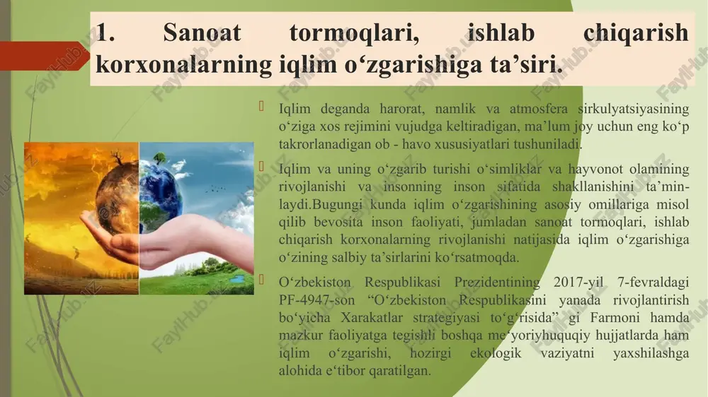 langan davlatlar hissasiga toʻgʻri keladi. olimlarning fikricha, oʻrmon yongʻinlari oqibatida atmosferaga chiqayotgan karbonad kislotasi sanoat chiqindilarining 50 foiziga teng ekan. havoga koʻtarilgan tutun atmosferaning yuqori qatlamida kuyindi zarralarini koʻpaytiradi. oqibatda, sayyoramizga quyoshdan kelayotgan issiqlik energiyasi qaytadan koinotga yoyilish oʻrniga, yerning oʻzida qolib, “bugʻxona hodisasi“ni keltirib chiqarmoqda. oʻzbekiston hududi boʻyicha iqlim monitoringi ma’lumotlari xx asr va xxi asr boshlarida isishning turgʻun tamoyilini koʻrsatmoqda, uning surʻati oʻn yillik uchun 0,2 c dan oshadi, bu shimoliy yarimshar boʻyicha isishning oʻrtacha surʻatidan 40 % ga ortiqdir. global isish mintaqadagi iqlimiy sharoitlarni murakkablashtirib, yozgi mavsumda - qurgʻoqchilik va jaziramani kuchaytirgan, qishki qahratonni esa uzaytirgan. orol boʻyida selsiy boʻyicha 40 daraja issiqdan ortiqni tashkil qilgan kunlar ikki baravarga oshgan. inson oʻz faoliyati bilan yer yuzidagi muzliklarga tuzatib boʻlmas zarar yetkazgan, deya aytilmoqda. ba’zi olimlar shimoliy qutb, arktikadagi muzliklar kelgusi 40-50 yil mobaynida butunlay erib ketib, ummon sathi 7 metrga qadar koʻtarilib ketishi mumkinligi haqida ogohlantirmoqdalar. iqlim …