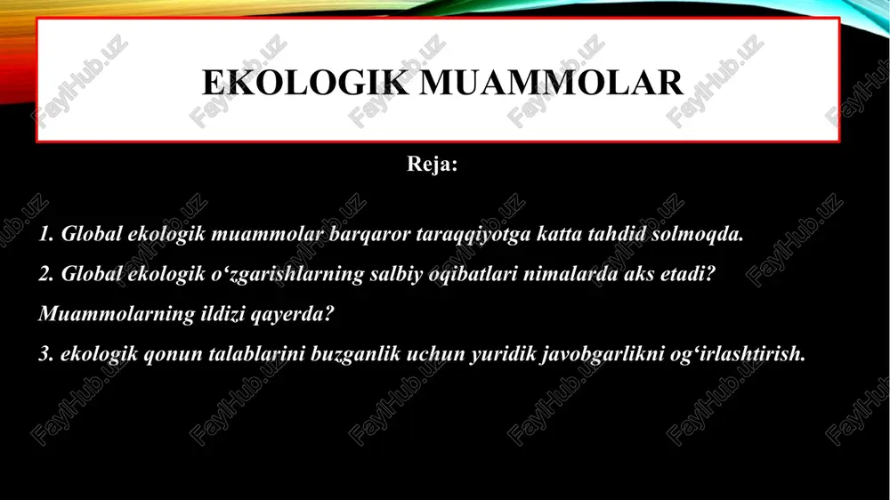 ? mamlakatlarning iqtisodiy va siyosiy hukmronlikka intilib, ulkan obroʻ qozonish maqsadida mamlakat ishlab chiqarishiga alohida urgʻu berib kelayotganligi global ekologik inqirozni keltirib chiqarmayaptimikan? yoki bu muammolarga biz insonlarning yashash tarzimiz sabab boʻla oladimi? oʻtgan asrga nisbatan insoniyat yashash tarzi shunchalik darajada oʻzgardiki, insoniyat sivilizatsiyasida hali mutlaqo kuzatilmagan global isish, dengiz va yer ekotizimlarining misli koʻrilmagan darajada kamayib borishiyu, yer yuzining turli mintaqalarida qurgʻoqchilik, suv toshqinlari kabi bir qator salbiy holatlar ham yuz berayotganligi barchamizga birdek ayondir. xoʻsh, bizda muammolar bor, lekin ularga yechimlar-chi? nahotki hozirgi dunyoning global ekologik holati hech kimni zarrachalik qiziqtirmasa? biz oʻzimidan keyingi avlodga qanday kelajakni meros qilib qoldirmoqdamiz? har safar bunday ogʻriqli savollar bizni qachongacha qiynab keladi? nahotki dunyoning hozirgi qiyofasi kundan kunga bundan-da yomonlashib boraveradiyu, biz insonlar shunchaki bir oddiy hodisadek qarab turaveramiz? mamlakat rahbarlariniyu, hukumat vakillarini, butun insoniyatni boylik orttirish, iqtisodiy oʻsish, siyosiy hukmronlik, mamlakatlar oʻrtasida ulkan obroʻga ega boʻlishdan boshqa hech narsa qiziqtirmasa?! …
