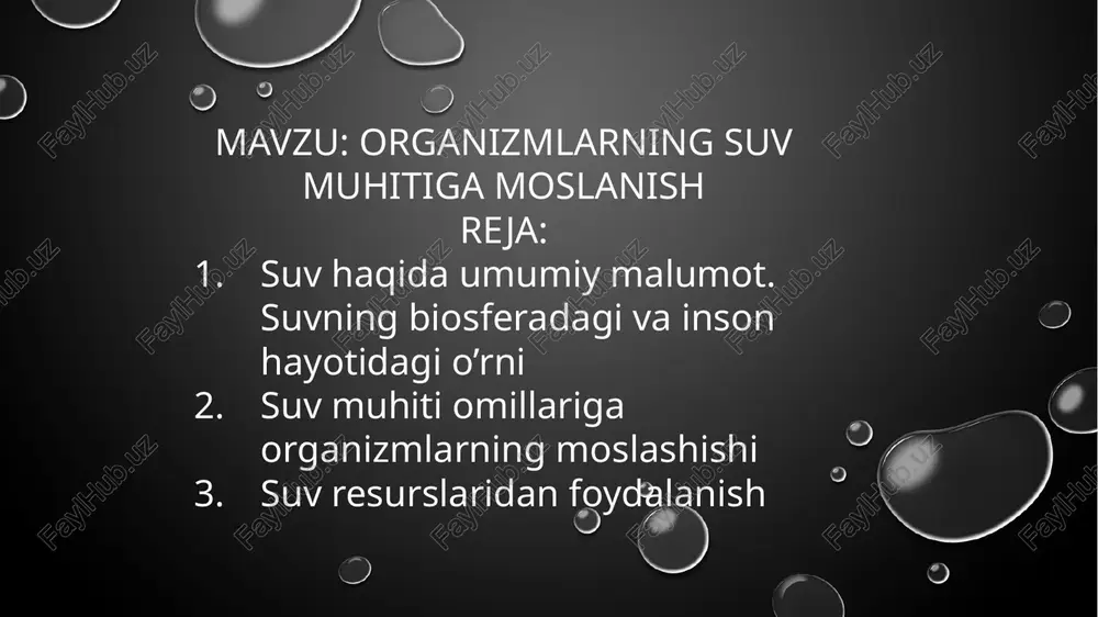 umronqoziq, qumsichqonlar uzoq muddat suv ichmasdan yashayoladi, avstraliya sichqonlari esa umr bo`yi suv ichmasdan endogen suv hisobida yashaydi. tirik organizmlarda kechadigan barcha hayotiy jarayonlar suvning ishtirokida suyuqlik muhitida kechadi. yer yuzida eng keng tarqalgan yashash muhiti bo‘lib, okeanlar, kontinentlarning suv havzalari va yerosti suvlarini o‘z ichiga oladi. suv muhitida yashovchi organizmlar gidrobiontlar (yunoncha «hydor» – suv, «bios» – hayot) deyiladi.yashash muhiti sifatida suv bir qancha xususiyatlarga ega. suv yuqori zichlik, shaffoflik, katta issiqlik sig‘imi va issiqlik o‘tkazuvchanlik, muzlaganda kengayish kabi xususiyatlar bilan bir qatorda, kislorod miqdorining nisbatan kamligi, yorug‘likni kam o‘tkazishi bilan ham xarakterlanadi. suv harakatchan, ya’ni oquvchan muhit. uning harakatlanishi natijasida suv muhitida yashaydigan organizmlar kislorod va oziq moddalar bilan ta’minlanadi. suv havzasining barcha qismi bo‘ylab harorat deyarli bir xil taqsimlanadi. sho‘r suvlarda faqat suvo‘tlar uchraydi. bu o‘simliklar yorug‘lik tanqisligiga qo‘shimcha pigmentlar hosil qilish bilan moslashadi. ular turli chuqurlikda yashashga moslashgan: suv havzalarining sayoz qismlarida yashil suvo‘tlar, chuqurroq qatlamlarida …