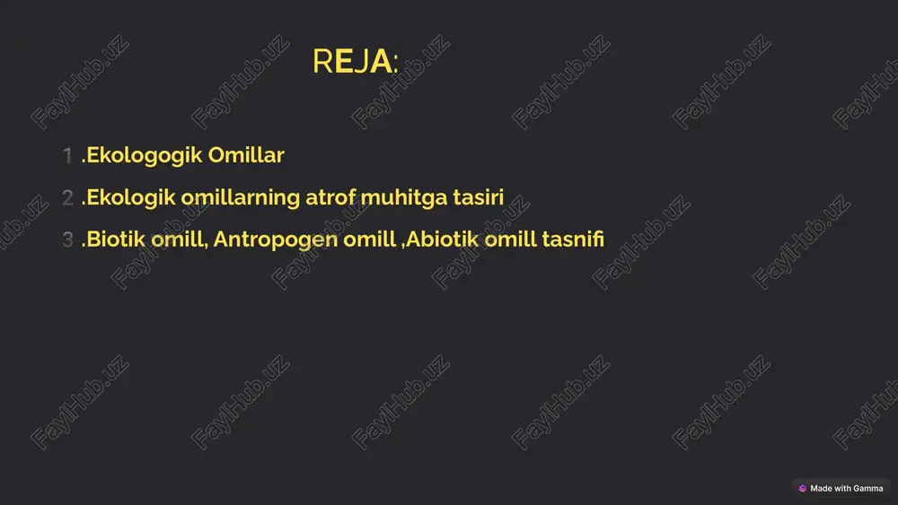 ovqat zanjiri tirik organizmlar o'rtasidagi oziq-ovqat munosabatlari ekosistema muvozanatini saqlaydi. raqobat bir xil resurslar uchun kurash organizmlarning o'sishini va tarqalishini ta'sir qiladi. simbioz turli xil organizmlarning birgalikda yashashi va bir-birlariga foyda keltirishi. 8 abiotik omillarning ekosistemaga ta'siri 1 harorat harorat organizmlarning o'sish, rivojlanish va faolligini ta'sir qiladi. 2 yorug'lik yorug'lik fotosintez jarayonini ta'minlaydi va organizmlarning faolligiga ta'sir qiladi. 3 suv suv tirik organizmlar uchun zarur bo'lgan modda va hayot faoliyatini ta'minlaydi. 9 antropogen omillarning ekosistemaga ta'siri havo, suv va tuproq ifloslanishi tirik organizmlarga salbiy ta'sir ko'rsatadi va hayot muhitini buzadi. iqlim o'zgarishi global isish tabiiy ofatlar, suv tanqisligi va o'simliklarning o'sishini buzadi. yashil maydonlarning qisqarishi o'rmonlarning kesilishi hayot muhitini buzadi va biologik xilma-xillikni yo'qotishga olib keladi. 10 ekologik omillarning atrof-muhitga joylashishi ekologik omillar atrof-muhitga turli xil ta'sir ko'rsatadi. masalan, harorat o'zgarishi o'simliklarning o'sishini, suv tanqisligi esa hayvonlarning faolligini ta'sir qiladi. 11 ekologik muvozanatni ta'minlash bo'yicha tavsiyalar ekologik muvozanatni saqlash uchun …