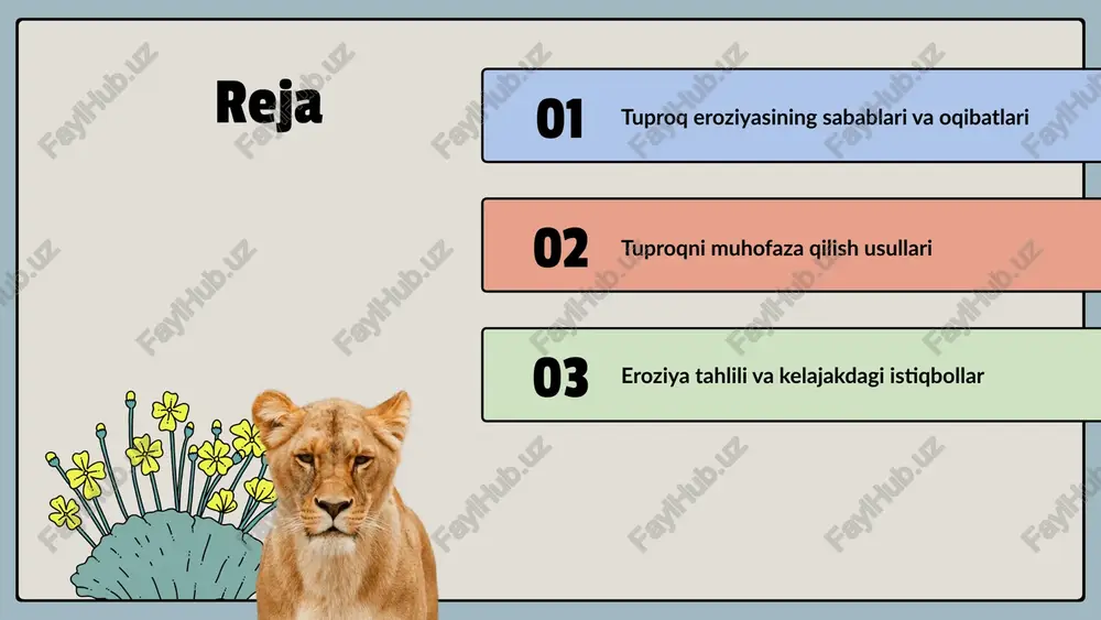 i yaxshilash va suvning to'g'ri oqimini ta'minlash zarur. qishloq xo'jaligida barqaror amaliyotlarni joriy etish tuproq eroziyasini kamaytirishga yordam beradi. agrotexnik usullarni takomillashtirish orqali tuproqning sifatini oshirib, o'simliklarning sog'lig'ini ta'minlash mumkin. bu tuproqning barqarorligini ta'minlaydi. tuproq eroziyasini kamaytirish uchun o'simlik qoplamasini tiklash, drenajni nazorat qilish va barqaror qishloq xo'jaligi amaliyotlarini joriy etish zarur. photo by polina koroleva on unsplash 01 02 03 tuproqni muhofaza qilish usullari mekanik usullar: tuproqni muhofaza qilishda mexanik usullar, masalan, erni shudgorlash va to'siqlar qo'yish orqali eroziyaning oldini olish mumkin. agrokimyoviy usullar: qishloq xo'jaligida kimyoviy moddalardan foydalanish, tuproqning unumdorligini oshirish va eroziyaning oldini olishda muhim rol o'ynaydi. biologik usullar: o'simliklar va mikroorganizmlarni qo'llash, tuproqni tabiiy ravishda muhofaza qilish va uning strukturaviy sifatini yaxshilashga yordam beradi. umumiy tavsiyalar: tuproqni muhofaza qilishning har bir usuli bir-biri bilan bog'liq bo'lib, ularni birgalikda qo'llash tuproqning uzoq muddatli sog'lomligini ta'minlaydi. mekanik usullar agrokimyoviy usullar biologik usullar umumiy tavsiyalar mekanik usullar haqida tuproqni …