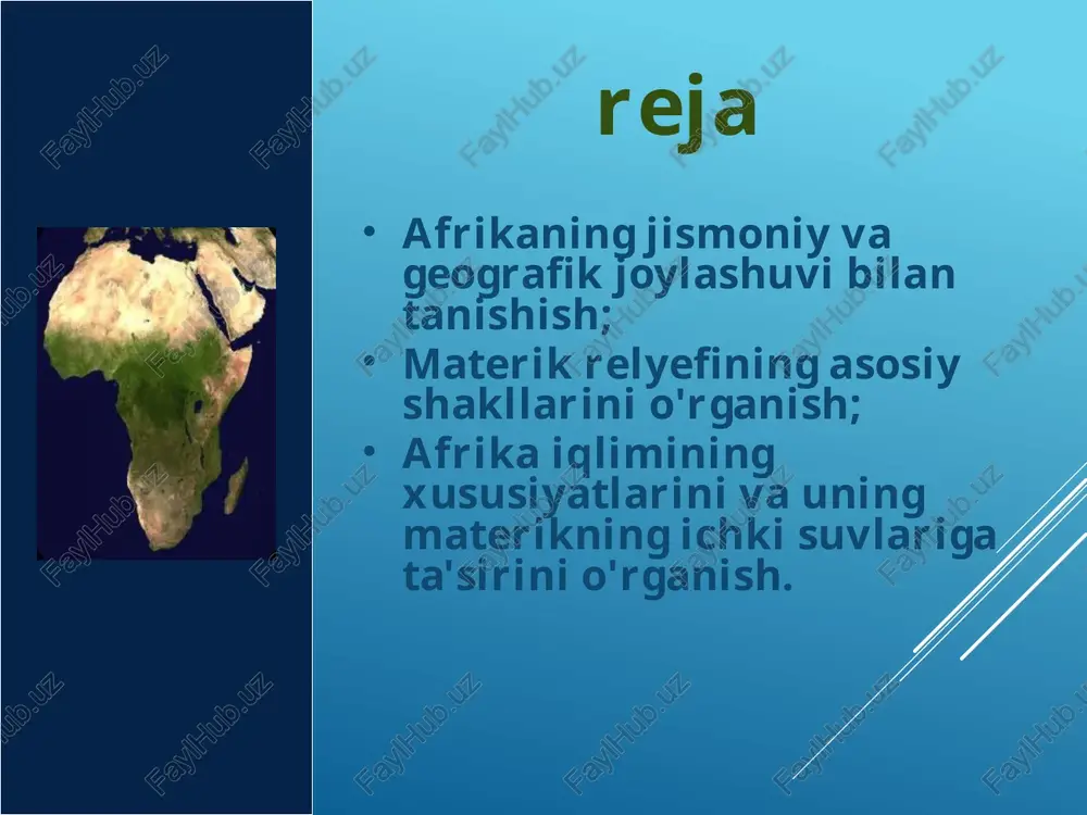 ma'noni anglatuvchi finikiya afariga tegishli . rimliklar karfagenni zabt etgandan keyin bu provinsiyani afrika (lotincha: afrika ) deb nomladilar. keyinchalik afrika bu qit'aning barcha ma'lum hududlari, keyin esa qit'aning o'zi deb atala boshlandi. materikning ochilishi va tadqiqi tarixidan tabiat bilimingizni sinab ko'ring boshqa bir nazariyaga ko'ra, xalqning " afri " nomi berberdan kelib chiqqan ifri , "g'or", g'or aholisiga ishora qiladi. keyinchalik bu saytda paydo bo'lgan musulmon viloyati ifriqiya ham o'z nomida bu ildizni saqlab qoldi. uy qurilishi mashq qilish afrikaning fizik-geografik joylashuvi 3. ekvatordan subtropikgacha bo'lgan iqlim zonalari ekvatorning shimoli va janubida ketma-ket bir-birini almashtiradi: ekvatorial - subekvatorial - tropik - subtropik . afrikaning iqlimi afrikaning iqlimi uning joylashuvi bilan belgilanadi ekvatorial va tropik kengliklarda va relyefning tekisligi. tropiklarda eng yuqori haroratlar kamarda yerdagi baliq. ular faqat tog'larda 0 ° c dan pastga tushadi. aylanmaning o'ziga xos xususiyatlaridan kelib chiqqan holda atmosferadagi yog'ingarchilik miqdori dan har ikki yo'nalishda ham …