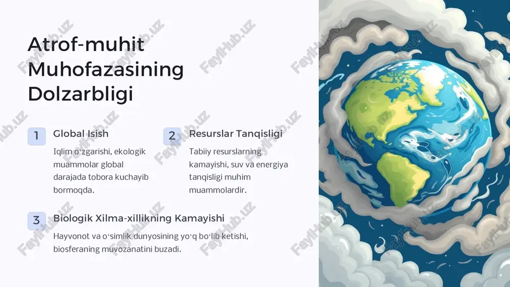 uv havzalarini tozalash ishlari. suv resurslarini boshqarish suv resurslarini samarali boshqarish tizimini yaratish, suv taqsimoti va foydalanishni optimallashtirish. https://gamma.app/?utm_source=made-with-gamma preencoded.png havo muhitini muhofaza qilish avtotransport vositalarining chiqindilarini kamaytirish zararli gaz chiqindilarini tozalash tizimlarini joriy etish sanoat korxonalarining chiqindilarini nazorat qilish energiya tejamkor texnologiyalarni joriy etish oʻrmonlarni tiklash, koʻkatlamtirish aholi ongiga ekologik maʼlumotlarni singdirish https://gamma.app/?utm_source=made-with-gamma preencoded.png tuproq va yer resurslarini muhofaza qilish tuproqning serhosilligini saqlash tuproq eroziyasini oldini olish, tuproq unumdorligini oshirish choralari. oʻrmonlarni muhofaza qilish oʻrmonlarni tiklash va koʻpaytirish, oʻrmon yongʻinlari bilan kurashish. sugʻorish tizimlarini yaxshilash suvni tejovchi sugʻorish texnologiyalarini joriy etish, irrigatsiya tizimlarini modernizatsiya qilish. ekologik toza qishloq xoʻjaligi kimyoviy oʻgʻitlar va pestitsidlardan foydalanishni kamaytirish, ekologik toza qishloq xoʻjaligi usullarini qoʻllash. https://gamma.app/?utm_source=made-with-gamma preencoded.png oʻrmon va yovvoyi tabiat resurslarini muhofaza qilish oʻrmonlarni tiklash oʻrmonlarni tiklash va koʻpaytirish, oʻrmon yongʻinlari bilan kurashish, oʻrmon xoʻjaligini rivojlantirish. hayvonot dunyosini muhofaza qilish yovvoyi hayvonlarni noqonuniy ovdan himoya qilish, tabiiy muhitni saqlash, milliy bogʻlar va …