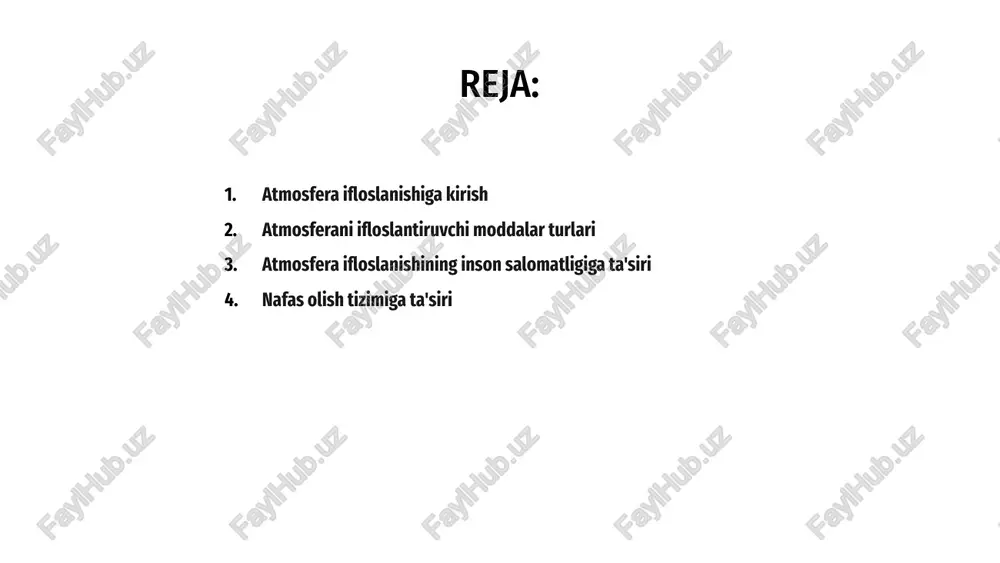 fera ifloslanishining salomatlikka ta'siri butun dunyoda tobora ortib borayotgan tashvish uyg'otmoqda. emissiyalarni kamaytirish va havo sifatini yaxshilashga qaratilgan sa'y-harakatlar ifloslanishning sog'liqqa ta'sirini yumshatish uchun juda muhimdir. ushbu ekologik tahdidga qarshi kurashda aholining xabardorligi va siyosati muhim ahamiyatga ega. salavha havoning ifloslanishi nafas olish tizimiga ta'sir qiladi, nafas yo'llarining yallig'lanishi va o'pka funktsiyasining pasayishiga olib keladi. bu astma, bronxit va boshqa nafas olish kasalliklarining kuchayishiga olib kelishi mumkin. 1 ifloslangan havodagi zarrachalar va zaharli gazlar o'pkaga chuqur kirib, uzoq muddatli zarar etkazishi va o'pka saratoni va boshqa jiddiy nafas olish kasalliklari xavfini oshirishi mumkin. 3 bolalar, qariyalar va ilgari nafas olish kasalliklari bo'lgan shaxslar havo ifloslanishining nafas olish tizimiga ta'siriga ayniqsa zaifdir. aholi salomatligini muhofaza qilish uchun ushbu muammoni hal qilish juda muhimdir. 2 yurak-qon tomir salomatligiga ta'siri a havoning ifloslanishi yurak-qon tomir sog'lig'i uchun jiddiy tahdid bo'lib, zarralar qon oqimiga kirib, yallig'lanishni keltirib chiqaradi, bu yurak kasalliklari va insultga olib …