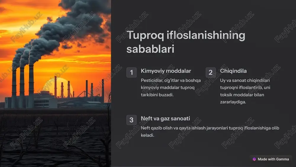 a xavf soladiga. 2 eroziya yer haydash va dehqonchilik ishlari tuproq qatlami yo'qolishiga va eroziyaga olib kelishi mumkin. 3 irrigatsiya ortiqcha sug'orishning oqibatida tuproq sho'rlanishi va buzilishi kuzatiladi. https://gamma.app/?utm_source=made-with-gamma urbanizatsiya 1 qurilish yangi ko'plab qurilishlar va infratuzilma loyihalari tuproq va yerlarning to'liq yo'qolishiga olib keladi. 2 transport transport vositalarining chiqindilari havo, suv va tuproq ifloslanishiga sababchi bo'ladi. 3 chiqindila shahar chiqindilari tuproqni ifloslantirib, uni qayta tiklash qiyinlashadi. https://gamma.app/?utm_source=made-with-gamma tuproq ifloslanishining oqibatlari 1 hosildorlikning pasayishi tuproq ifloslanishi o'simliklarning o'sishiga salbiy ta'sir qilib, hosildorlikni kamaytirib yuboradi. 2 ekologik muvozanatning buzilishi tuproq ifloslanishi hayvon va o'simlik dunyosiga jiddiy zarar yetkazadi, ekologik tizimni izdan chiqaradi. 3 insonlar uchun xavf ifloslangan tuproq orqali odamlarga zaharli moddalar o'tib, ular uchun jiddiy sog'liq muammolarini keltirib chiqaradi. https://gamma.app/?utm_source=made-with-gamma ifloslanishni oldini olish choralari organik qishloq xo'jaligi kimyoviy pestitsidlarsiz ekin ekish va qishloq xo'jalik ishlarini olib borish qayta ishlash chiqindilarni to'g'ri tashlash va qaytadan foydalanish choralari ko'rish javobgarlik sanoat korxonalari …