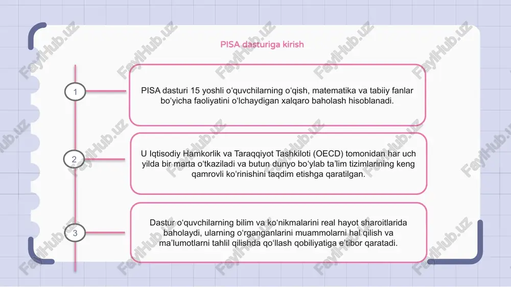 i bog'liqdir. pisa dasturida foydalanilgan metodologiya pisa dasturi o‘quvchilarning asosiy fanlar bo‘yicha ta’lim natijalarini xalqaro miqyosda taqqoslanadigan baholashdir. u har uch yilda bir marta o'tkaziladi va 15 yoshli o'quvchilarning o'qish, matematika va tabiiy fanlar bo'yicha ko'rsatkichlarini o'lchaydi. pisa dasturi o‘quvchilarning bilim va ko‘nikmalarini baholash uchun ko‘p tanlovli va ochiq savollarning kombinatsiyasidan foydalanadi. pisa dasturi va uning ta'lim siyosatiga ta'siri pisa dasturi oʻquvchilarning oʻqish, matematika va tabiiy fanlar boʻyicha bilim va koʻnikmalarini xalqaro baholash hisoblanadi. u siyosatchilarga o'z ta'lim siyosatlarining samaradorligini baholash va asosli qarorlar qabul qilishda yordam beradigan qimmatli ma'lumotlarni taqdim etadi. pisa dasturi turli mamlakatlardagi talabalarning ish faoliyatini taqqoslab, ta’lim natijalarini yaxshilash uchun siyosat o‘zgarishi zarur bo‘lgan sohalarni ajratib ko‘rsatadi. 1 2 3 pisa dasturi orqali ta'lim tizimlarini solishtirish pisa dasturi 15 yoshli oʻquvchilarni sinovdan oʻtkazish orqali maktab taʼlim tizimlarini baholaydigan butun dunyo boʻylab tadqiqotdir. iqtisodiy hamkorlik va taraqqiyot tashkiloti (oecd) tomonidan tashkil etilgan. pisa ta’lim tizimlari va ularning …