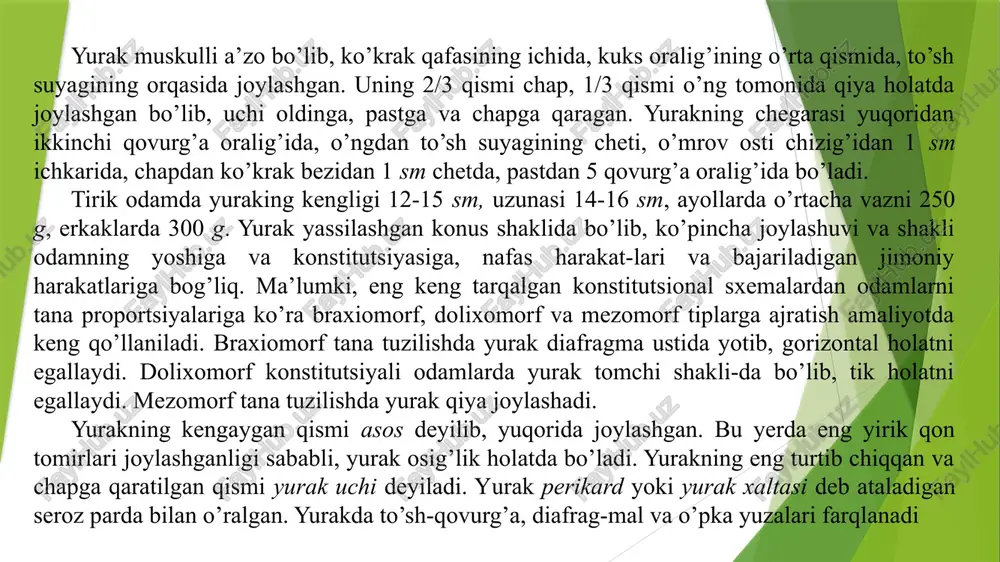 li, 2 – chap quloqcha, 3 – chap tojsimon arteriyasining oldingi qorinchalararo shoxi, 4 – yurakning katta venasi, 5 – chap qorincha, 6 – o’ng qorincha, 7 – o’ng tojsimon arteriyasi, 8 – o’ng quloqcha, 9 – aorta yoyi, 10 – yuqorigi kavak vena 1 – aorta, 2 – chap o’pka arteriyasi, 3 – chap bo’lmacha, 4 – chap o’pka venalari, 5 – o’ng bo’lmacha – qorinchali teshigi, 6 – chap qorincha, 7 – aorta qopqog’i, 8 – o’ng qorincha, 9 – o’pka stvolining qopqog’i, 10 – pastki kavak vena, 11 – o’ng bo’lmacha qorinchali teshigi, 12 – o’ng bo’lmacha, 13 – o’ng o’pka venalari, 14 – o’ng o’pka arteriyasi, 15 – yuqoridagi kavak vena. atipik miotsitlar yurakning o’tkazuvchi tizimini hosil qiladi. bular purine tolalari deb ham ataladi. bu hujayralarning to’plamlari yurakning ma’lum joylarida uchraydi. yurakning o’ng quloqchasi bilan yuqoriga kavak vena oralig’ida kis-flak tuguni hosil bo’ladi. bundan tashqari yurakning …