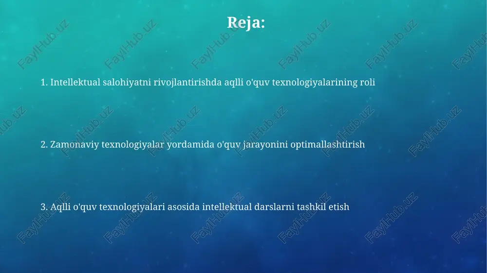 htirish darajasini 50% ga oshirish mumkin. hamkorlik va muloqot vositalari "hamkorlik va muloqot vositalari" orqali o'quvchilar 2-4 kishidan iborat guruhlarda birgalikda loyihalar ustida ishlash imkoniyatiga ega bo'lib, ularning muloqot va hamkorlik ko'nikmalarini rivojlantiradi. google docs kabi onlayn hamkorlik platformalari 5 dan ortiq talabalarga real vaqtda hujjatlar ustida birgalikda ishlash, fikr almashish va tahrirlash imkoniyatini beradi. aqlli o'quv texnologiyalari tushunchasi bunday texnologiyalar 70% gacha o'quv jarayonini avtomatlashtirib, o'qituvchilarning vaqtini samarali ishlatishga, individual yondashuvga va o'quv natijalarini yaxshilashga yordam beradi. aqlli o'quv platformalari talabalarning bilim darajasini kuzatib boradi va ularning ehtiyojlariga moslashtirilgan 5 dan ortiq turdagi o'quv resurslarini taklif qiladi, bu esa o'rganish samaradorligini oshiradi. virtual va kengaytirilgan haqiqat texnologiyalari kengaytirilgan reallik (ar) ilovalari orqali o'quvchilar virtual ob’ektlar bilan o'zaro ta’sir qilib, amaliy tajriba orttirishlari mumkin, masalan, 5 dan ortiq turdagi virtual laboratoriya tajribalarini o'tkazishlari mumkin. virtual va kengaytirilgan reallik texnologiyalari 360° videolar va interaktiv 3d modellardan foydalanib, murakkab tushunchalarni oson va …
