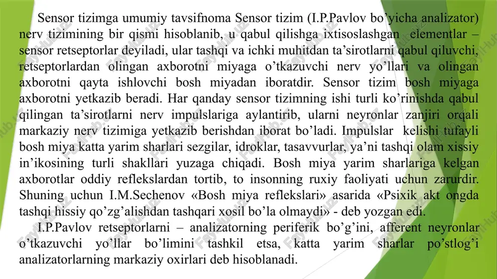 hun u ilgarigi ta’sirotdan muayyan qismgacha ortiqroq bo’lishi kerak degan qonunni 1834 yilda e.veber ta’riflab berdi. veber o’z tajribalarida qo’l terisiga muayyan vaznli yuk qo’ydi. ilgari ta’sir etgan yukning vaznidan muayyan miqdorda ortiq bo’lgan qo’shimcha yuk qo’yilgandagina bosim sezgisi kuchayadi. masalan, odam qo’l terisini 100 g vaznli qadoq tosh bosib tursa, shu bosim sezgisini kuchaytirish uchun 3 g vaznli qadoq tosh qo’shish kerak. terini 200 g vaznli qadoq tosh bosayotgan bo’lsa, bosim oshganligining minimal sezgisi kelib chiqishi uchun 6 g vaznli qadoq tosh qo’shish kerak, teriga 600 g vaznli qadoq tosh ta’sir etayotgan bo’lsa, 18 g yuk qo’shiladi. signallarni o’tkazish va o’zgartirish. sensor tizimda signallarni o’zgartirish va o’tkazish jarayonlari bosh miyani oliy bo’limlariga shunday muhim axborotni olib boradiki, u yerda tez va aniq axborotning tahlili amalga oshadi. signallarni o’zgartirish shartli ravishda ikki turga bo’linadi: fazoviy va vaqtga nisbatan. fazoviy o’zgartirishlar ichida signallarning turli qismlarini bir biriga nisbatan o’zgarishi muhim o’rin …