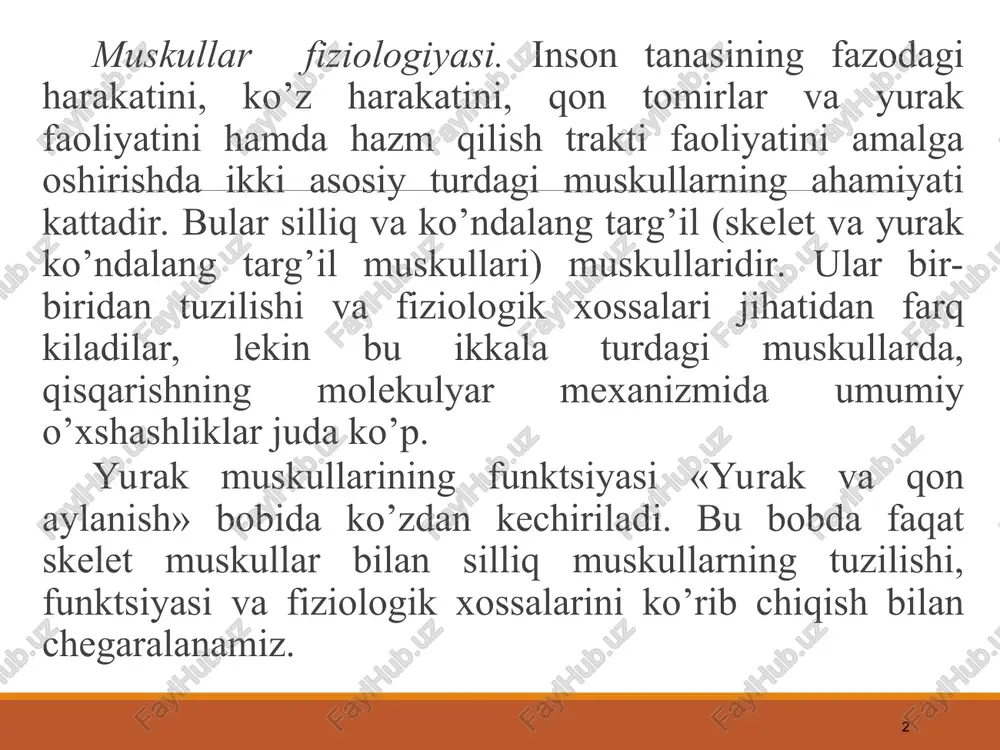 uzoq vaqt deyarli sezilmaydi. bu holat quyidagicha izohlanadi: birinchidan, tolalarda mitoxondriyalar ko’pligi bo’lsa, ikkinchidan esa oksidlanish fosforlanish yo’li bilan ko’p miqdorda atf ning hosil bo’lishidadir. bunday tolalarning asosiy vazifasi tez va kuchli harakatlarni yuzaga chiqarishdagi ishtirokidir. 3. tez davriy glikolitik oksidlanish turidagi muskul tola. bunday tolalarning xarakterli tomoni shundaki, ulardagi atf glikoliz hisobiga hosil bo’ladi. boshqa tolalarga nisbatan kamroq mitoxondriya ushlaydi. bu turdagi tolalardan tashkil topgan mushaklar tez va kuchli qisqaradi, lekin tez charchaydi. bunday tolalarda mioglobin bo’lmaydi, shu sababdan bunday tolalar oqish rangda bo’ladi, shuning uchun bunday muskullarni oq muskullar deb ham ataydilar. 4. tonik tolalar. yuqorida ko’rsatilgan tolalardan farqi shundaki, tonik tolalarda harakatlantiruvchi akson juda ko’plab sinaptik aloqalarni hosil qiladi. tolalarning qiskarishi sekin amalga oshadi, chunki miozin * atf azasining faolligi juda past bo’ladi. tolaning bo’shashishi ham o’z navbatida sekin amalga oshadi. bu turdagi muskul tolasi izometrik tartibda juda yaxshi ishlaydi. bu mushak tolalari harakat potentsialini generatsiyalamaydi va …