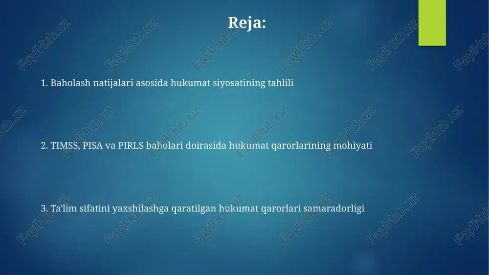 rtacha ballarni oshirish mumkin. eng yaxshi amaliyotlar sifatida, singapur va finlyandiyaning ta'lim tizimlaridagi o'qituvchilarni tayyorlash va malakasini oshirish bo'yicha 5 yillik dasturlari o'z samaradorligini isbotladi, bu esa o'quvchilarning yutuqlarini sezilarli darajada yaxshilashga yordam berdi. tavsiyalar va xulosalar baholash natijalariga asoslanib, 10 ta eng muhim ko'nikmalarni aniqlash va ularga yo'naltirilgan o'qitish strategiyasini ishlab chiqish o'quvchilarning akademik yutuqlarini sezilarli darajada yaxshilashi mumkin. resurslarni samarali taqsimlash uchun, maktablarning 80% ga qo'shimcha texnologiyalar va o'quv materiallari bilan ta'minlash, pisa ballarini 10 ballga oshirishga yordam beradi. kelajakdagi istiqbollar pisa baholariga ko'ra, raqamli savodxonlik ko'nikmalarini rivojlantirish bo'yicha amalga oshiriladigan islohotlarning 2025-yilga qadar 70% ga samaradorligini oshirish istiqboli kutilmoqda. pirls natijalarini tahlil qilish orqali aniqlangan kamchiliklarni bartaraf etish uchun, 2035-yilga qadar o'qish savodxonligi darajasini 15 ballga yuqorilatish istiqbolini ko'zda tutilgan. resurslar taqsimoti va uning ta'siri timss, pisa va pirls baholariga ko'ra, resurslarning 70% ga yaqini o'qituvchilarning malakasini oshirish va o'quv materiallari bilan ta'minlashga yo'naltirilgan bo'lsa, o'quv yutuqlarining …