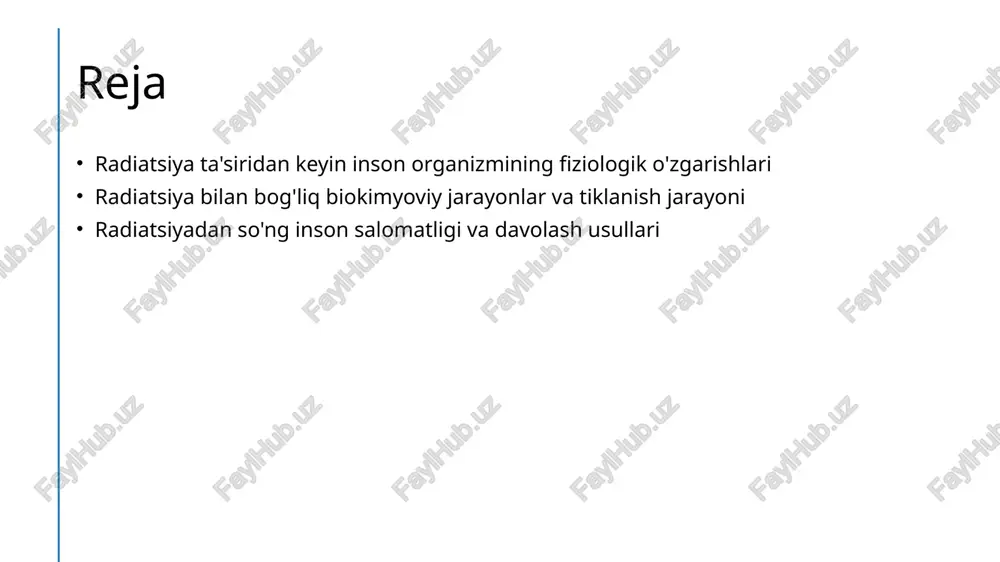 iklanish jarayoni yurak va qon aylanish tizimidagi o'zgarishlar radiatsiya yurak muskuli va qon tomirlarining funksiyasini buzib, qon aylanishini sekinlashtiradi, yurak ritmi va bosimni o'zgartiradi, tiklanish uchun vaqt talab etadi. nefronlar va buyraklar ta'siri radiatsiya buyuklar va buyraklar funksiyalarini pasaytiradi, gidratatsiya va toksinlarni chiqarish qobiliyatini buzadi, tiklanish uchun maxsus davolash zarur. oshqozon-ichak tizimining javobi radiatsiya oshqozon va ichaklarning ichki qavatini kamsitib, hazm qilish va oziq-ovqat o'zlashtirishni buzadi, shuning uchun tiklanish jarayoni muhimdir. radiatsiya bilan bog'liq biokimyoviy jarayonlarning inson organizmidagi ta'siri radiatsiya va biokimyoviy reaktsiyalar radiatsiya hujayralarda dna va proteinlarga ta'sir qilib, oksidlovchi stress va lipid peroksidatsiya kabi biokimyoviy jarayonlarni kuchaytiradi, bu esa hujayra funktsiyalarini buzadi. antioxidant tizimining roli inson organizmida antioksidantlar, masalan, vitamin c va e, radiatsiya ta'siriga qarshi kurashib, hujayra zararini kamaytiradi va tiklanishni qo'llab-quvvatlaydi. biokimyoviy tiklanish mexanizmlari radiatsiyadan so'ng, hujayralar dnaning reparatsiyasi, oksidlovchi stressni kamaytirish va metabolik muvozanatni tiklash uchun maxsus biokimyoviy jarayonlarni amalga oshiradi. radiatsiya etkazishi natijasida yuzaga …