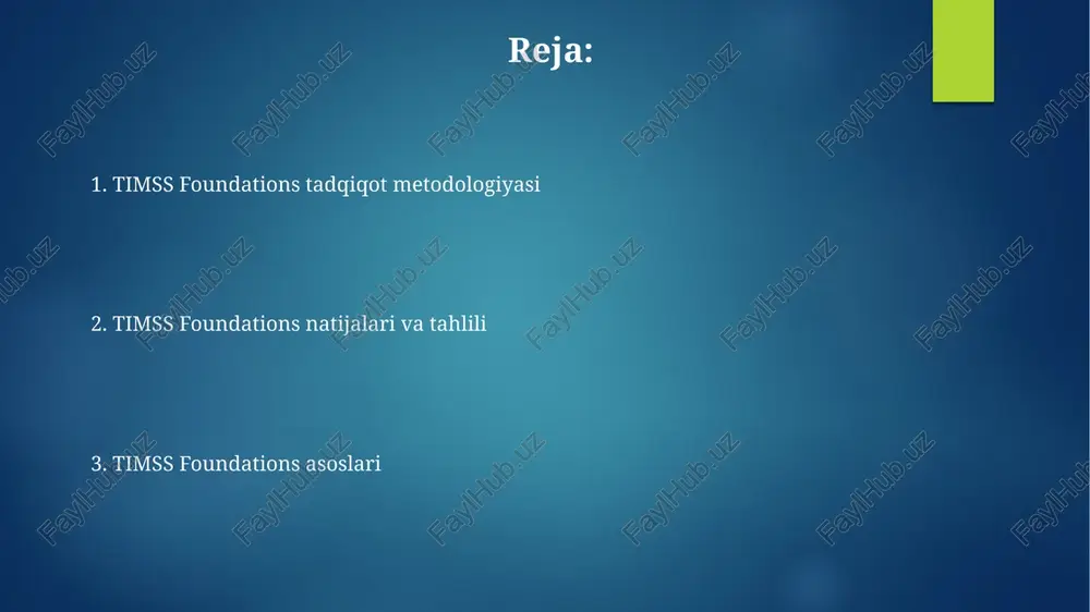 foundations: matematika fanidan baholash tadqiqotda matematikada muhim ahamiyatga ega bo'lgan 4 ta asosiy soha: sonlar, geometriya, o'lchov va ma'lumotlar tahlili kabi mavzular qamrab olinadi va 500 dan ortiq savollar orqali baholanadi. timss foundations matematika fanidan baholash 4-sinf o'quvchilarining matematik bilimlarini, muayyan matematik ko'nikmalarini va muammolarni yechish qobiliyatlarini baholashga qaratilgan xalqaro miqyosdagi tadqiqotdir. timss foundations: xalqaro taqqoslash timss foundations ma'lumotlari, o'quv yutuqlarining ijtimoiy-iqtisodiy omillar bilan bog'liqligini tahlil qilish orqali, tengsizlikni kamaytirish strategiyasini ishlab chiqishga yordam beradi; o'rtacha ballar va standart og'ishlar taqdim etiladi. timss foundations tadqiqoti 4-sinf va 8-sinf o'quvchilarining matematika va tabiiy fanlar bo'yicha bilim va ko'nikmalarini xalqaro miqyosda taqqoslash imkonini beradi, 50 dan ortiq mamlakat ishtirok etadi. timss foundations: o'zbekistonning istiroki tadqiqotda qatnashgan 4-sinf o‘quvchilarining 20% dan ko‘prog‘i asosiy matematik va tabiiy fanlar bo‘yicha yetarli bilim va ko‘nikmalarga ega emasligi aniqlangan. o‘zbekiston timss foundations natijalariga ko‘ra, matematikada 4-sinf o‘quvchilarining o‘rtacha ballari xalqaro o‘rtacha ko‘rsatkichlardan past bo‘lganini ko‘rsatdi, bu ta'lim …