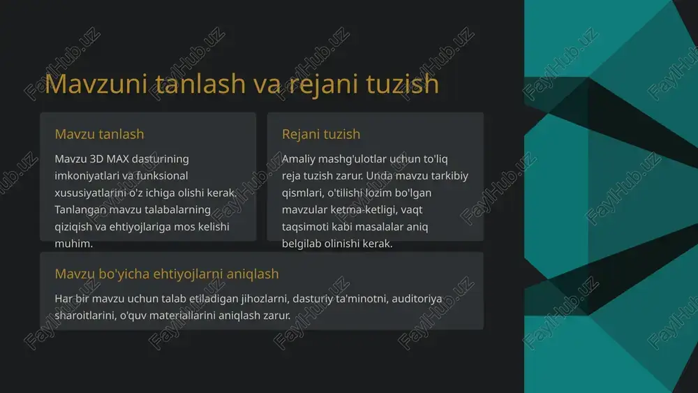 rlar bilan jihozlangan bo'lishi shart. kun davomida darslar o'tish uchun elektr quvvat va internet ulanmalari mavjud bo'lishi lozim. qulayliklar talabalar uchun talabalar uchun yetarli o'tiradigan joylar, stol va kursilar mavjud bo'lishi kerak. auditoriya tabiiy yoki sun'iy yorug'likka boy, havosi yangilanadigan va uxlash uchun qulayliklarga ega bo'lishi maqsadga muvofiq. 4 amaliy mashg'ulotlar uchun o'quv materiallari tayyorlash o'quv materiallari o'quv materiallari sifatida darslik, qo'llanma, tarqatma materiallari, prezentatsiyalar va videodarslar tayyorlanadi. talabalar uchun talabalar uchun vazifa varaqalari, nazorat uchun savol-javoblar, mustaqil ish topshiriqlarini tayyorlash kerak. uskunalar va dasturlar amaliy mashg'ulotlar uchun zarur bo'lgan 3d modellar, teksturalar, skeletlar, animatsiyalar va boshqa elementlarni tayyorlash lozim. 5 amaliy mashg'ulotlarni o'tkazish uchun o'qituvchi va talabalar uchun ko'rsatmalar tayyorlash o'qituvchi uchun ko'rsatmalar o'qituvchi uchun tayyorlanadigan ko'rsatmalar quyidagilarni o'z ichiga olishi lozim: amaliy mashg'ulotlarning maqsadi va rejalashtirilgan natijalar, mavzuni to'liq o'rganish uchun zarur bo'lgan darsliklar va manba-materiallar ro'yxati, talabalar uchun topshiriq va muammoli savollar, hamda mavzuga oid namunali videolar …