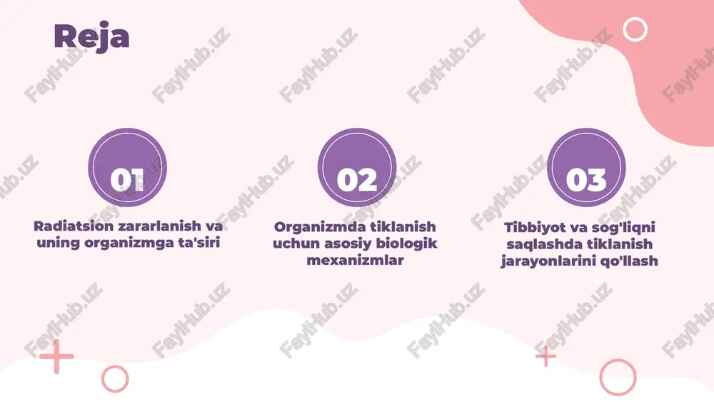 dro va sitoplazma ta'mirlash jarayoni boshlanadi. bu jarayonlar hujayralarning avariyalarini bartaraf etishga qaratilgan. ikkinchi bosqichda, immun tizimi faollashadi va yangi hujayralar hosil bo'ladi. bu jarayonlar organizmda zarar ko'rgan joylarni tiklash uchun muhimdir. yangi hujayralar zararli ta'sirlarga qarshilik ko'rsatadi. uchinchi bosqichda, tizimlararo muvozanat tiklanadi va organizm normal faoliyatiga qaytadi. bu bosqichda zarar ko'rgan tizimlar to'liq tiklanadi va organizm sog'lom holatga keladi. photo by claudio schwarz on unsplash title, 120, str, 40 1 2 3 tiklanish jarayonlarining tibbiyotdagi ahamiyati tibbiyotda tiklanish jarayonlari bemorlarning sog‘liqni tiklash va uzluksiz davolash uchun muhimdir. bu jarayonlar orqali organizm o‘zini tiklaydi, yallig‘lanishlar kamayadi va muolajalar samaradorligi oshadi. zamonaviy tibbiyotda gen terapiyalar va biotexnologiyalar yordamida tiklanish boshqariladi. tibbiyotda tiklanishning muhimligi zamonaviy usullar, masalan, biomateriallar, nanotehnologiyalar, gen terapiyasi va hujayra terapiyasi yordamida tiklanish jarayonlarini yaxshilash mumkin. bu texnologiyalar bemorlarning tiklanish muddatini qisqartiradi va muolajalar samaradorligini oshiradi. zamonaviy usullar va texnologiyalar tibbiyotda tiklanish jarayonlarini qo‘llash bemorlarning hayot sifatini yaxshilash, uzoq …