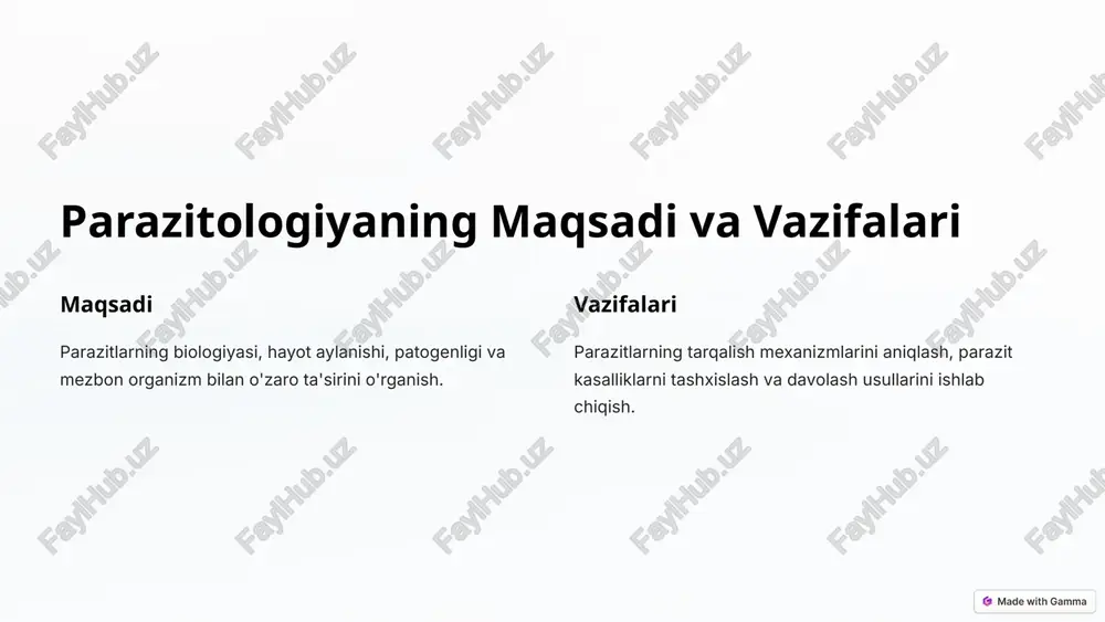 un. 2 vaksinalarni yaratish parazit kasalliklaridan himoya qilish uchun. 3 parazitlarning genomiyani o'rganish parazitlarning biologiyasini chuqurroq tushunish uchun. 10 image1.png image2.png image3.png image4.png image5.png image6.png image7.png image8.png image9.png image10.png image11.png image12.png image13.png image14.png image15.png image16.png image17.png image18.png image19.png image20.png
