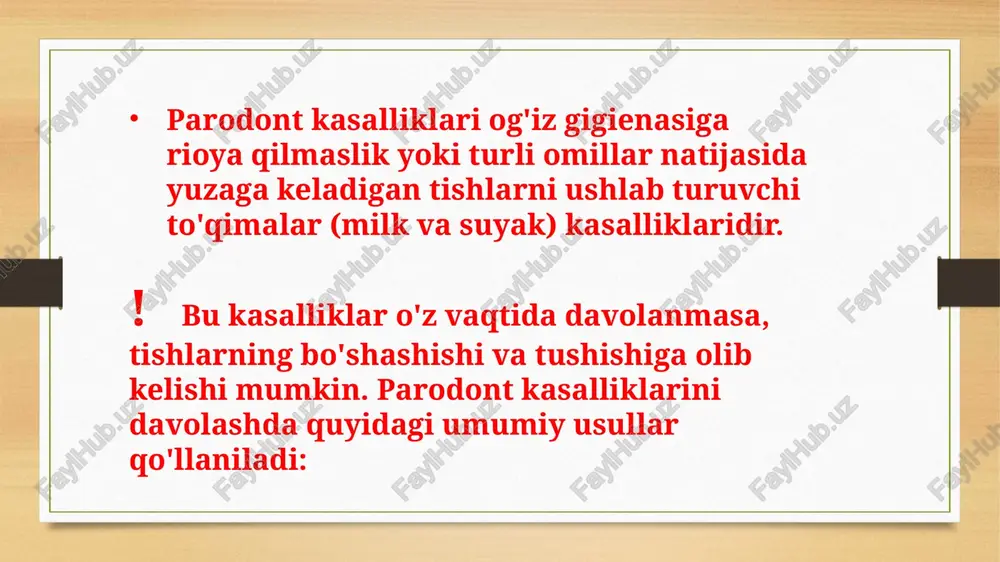 rini og‘irlashtiradi. sog‘lom ovqatlanish, jumladan, kalsiy va vitaminlarga boy mahsulotlarni iste’mol qilish. 7. doimiy nazorat parodont kasalliklari surunkali tus olish ehtimoli bo‘lgani uchun muntazam ravishda stomatolog nazoratidan o‘tish muhim. parodont kasalliklari o‘z vaqtida davolansa, to‘liq tuzalish yoki kasallikning rivojlanishini sekinlashtirish mumkin. shu bois tish va milk sog‘lig‘iga beparvo bo‘lmaslik zarur. 8. integratsion terapiya parodont kasalliklari butun organizm bilan bog‘liq bo‘lishi mumkin. shuning uchun umumiy sog‘liqni yaxshilash uchun integratsion yondashuv qo‘llaniladi: sog‘lom turmush tarzi: to‘g‘ri ovqatlanish, tamaki va spirtli ichimliklardan voz kechish. vitamin terapiyasi: kalsiy, d vitamini va s vitamini qabul qilish. 9. dinamik monitoring (telemeditsina yondashuvi) bemorlarga uzoqdan maslahat berish va davolash jarayonini kuzatish. afzalliklari: vaqtni tejash va parodont kasalliklarini nazorat ostida ushlab turish. 10. molekulyar diagnostika va genetik tahlil yuqori texnologiyalar kasallikni individual darajada tushunishga imkon beradi: molekulyar diagnostika: maxsus tahlillar yordamida parodont kasalliklariga sabab bo‘luvchi bakteriyalar aniqlanadi. genetik testlar: kasallikka moyillikni oldindan aniqlash. e'tiboringiz uchun rahmat ! image5.png …