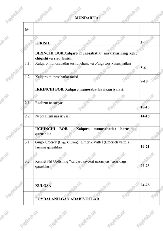 agi ziddiyatlar, xitoy va aqsh o‘rtasidagi kuchlar muvozanati, markaziy osiyodagi geoiqtisodiy o‘zgarishlar — xalqaro munosabatlarni nazariy asosda tahlil qilish zarurati kundan-kunga ortmoqda. shuningdek, o‘zbekistonning faol tashqi siyosati, xalqaro tashkilotlar bilan aloqalarning kuchayishi, mintaqaviy hamkorlikdagi o‘sish xalqaro munosabatlar nazariyalarining amaliy ahamiyatini yanada oshirmoqda. shu sababli, xalqaro munosabatlar haqidagi nazariy qarashlarni chuqur o‘rganish bugungi kunda dolzarb ilmiy masalalardan biri hisoblanadi. bu nafaqat akademik bilim olish, balki amaliy siyosat yuritishda mustahkam asos bo‘la oladi. kurs ishining maqsadi. — xalqaro munosabatlar nazariyalari va qarashlarini tahlil qilish orqali ularning zamonaviy xalqaro siyosatdagi ahamiyatini aniqlashdir. xalqaro munosabatlar nazariyalarining tarixiy taraqqiyotini o‘rganish; asosiy nazariy maktablarni tahlil qilish; nazariyalarni amaliy siyosiy voqealar bilan bog‘lash; talabaga ilmiy tahlil qilish va fikrlash ko‘nikmasini shakllantirish. kurs ishining vazifalari. 1. xalqaro munosabatlar fanining ilmiy asoslarini ko‘rsatish; 2. turli tarixiy davrlarda shakllangan nazariy qarashlarni solishtirish; 3. realizm, liberalizm, marksizm, konstruktivizm, ingliz maktabi va boshqa yondashuvlarni chuqur tahlil qilish; 4. har bir nazariyaning metodologik …